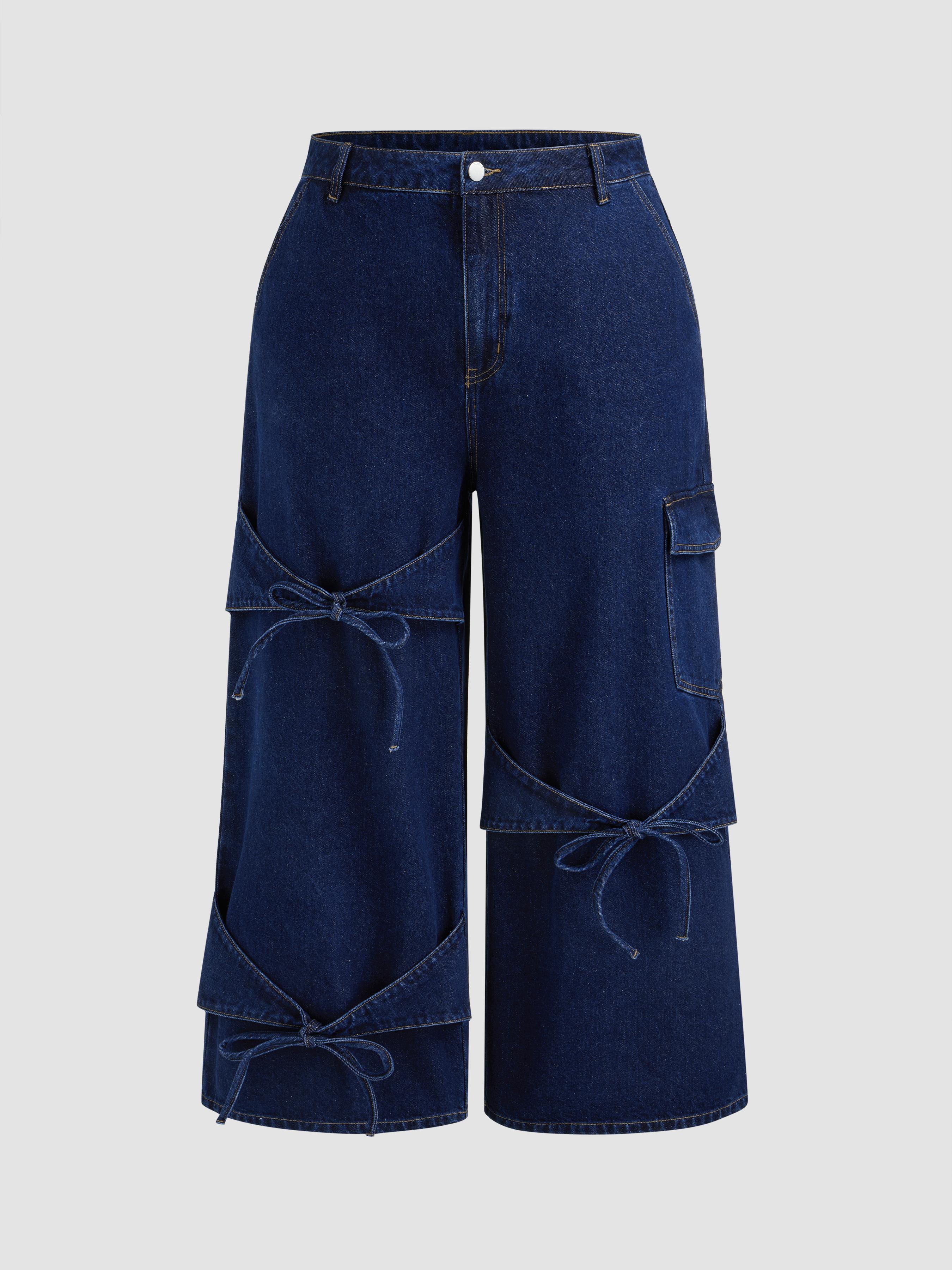 Cider Denim Mid Rise Solid Bowknot Pocket Wide Leg Jeans Curve & Plus by CIDER