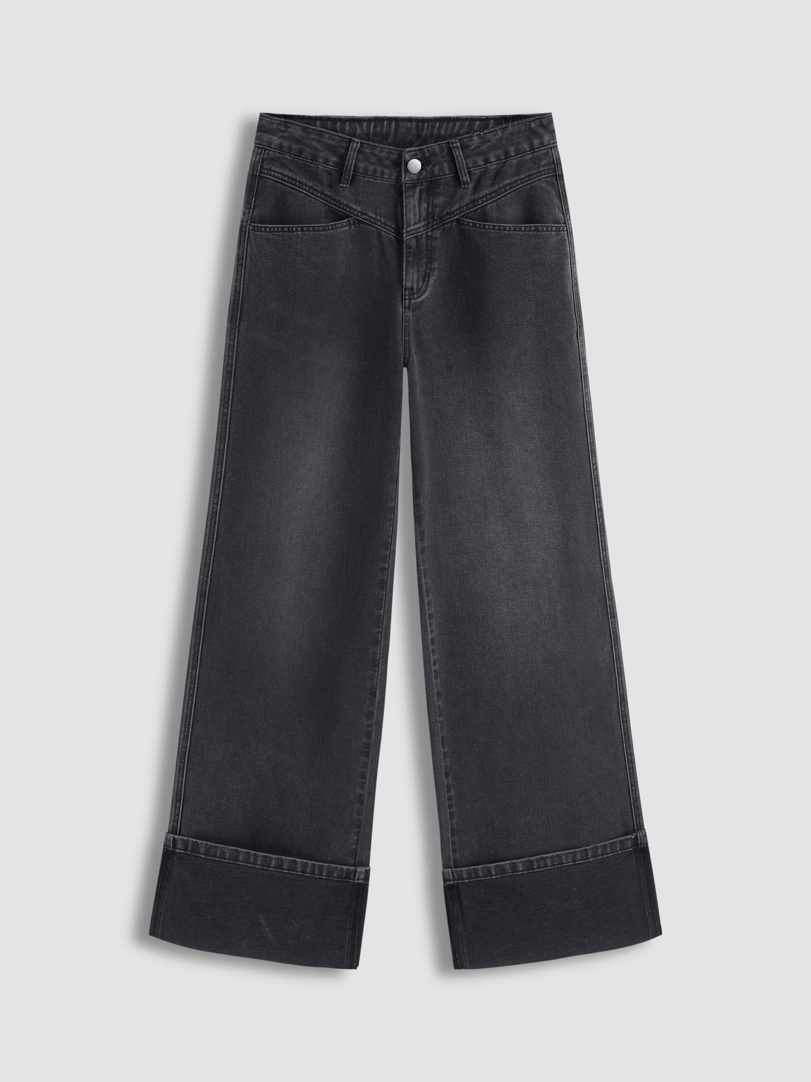 Cider Denim Mid Rise Solid Roll Hem Straight Leg Jeans by CIDER