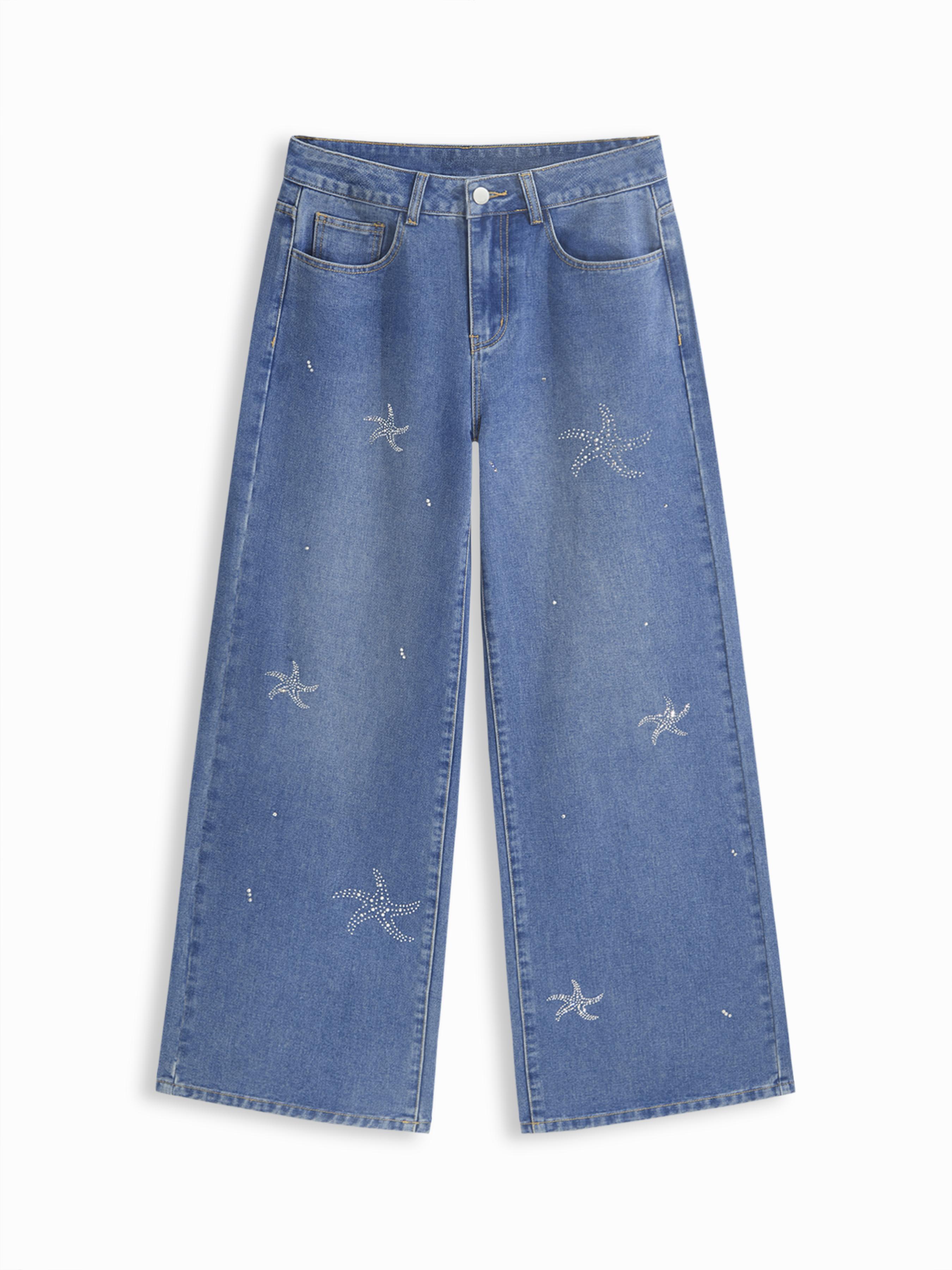 Cider Denim Mid Rise Starfish Rhinestone Baggy Jeans by CIDER