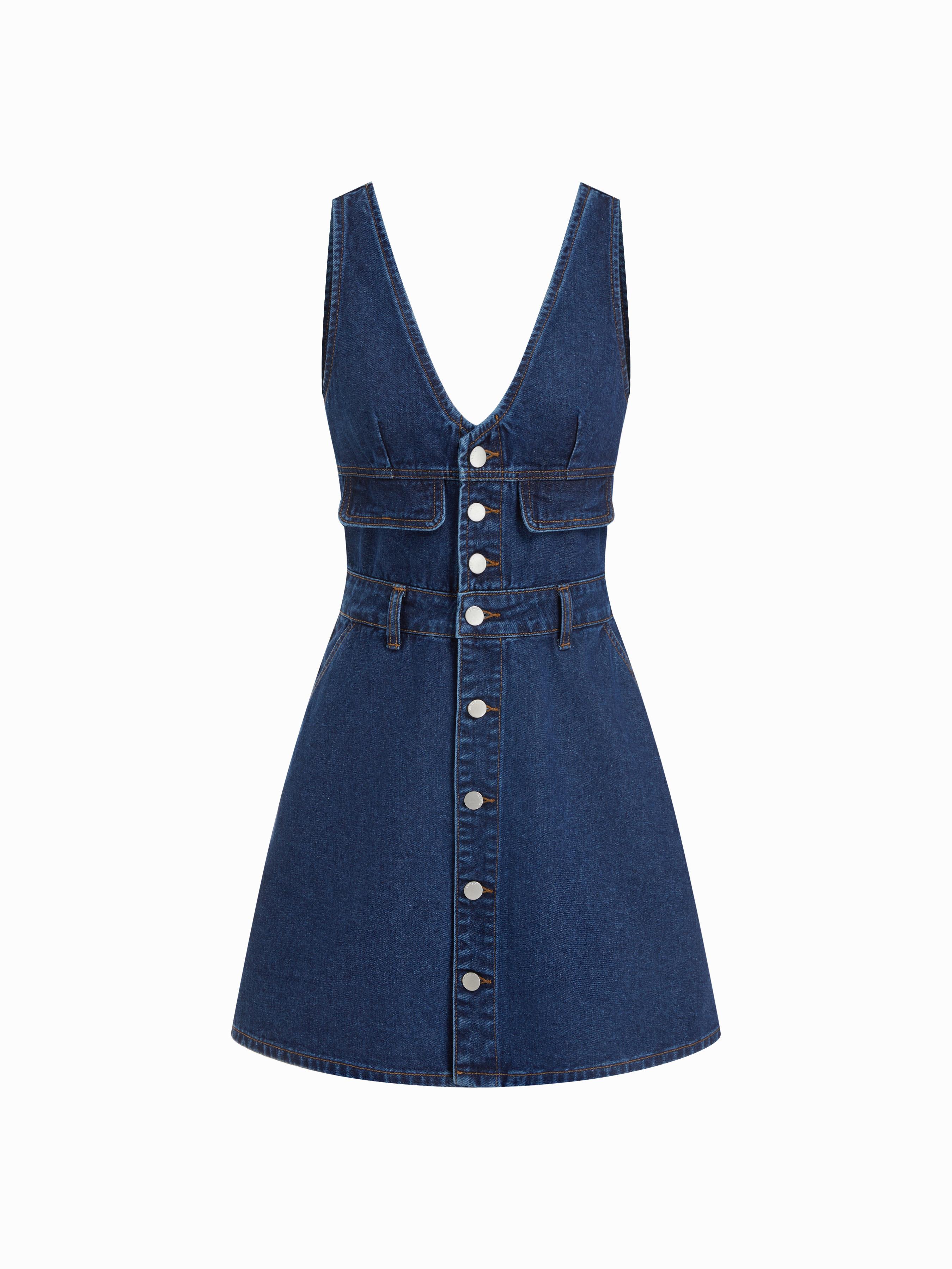 Cider Denim V-Neck Metal Detail Oversized A-line Mini Dress by CIDER