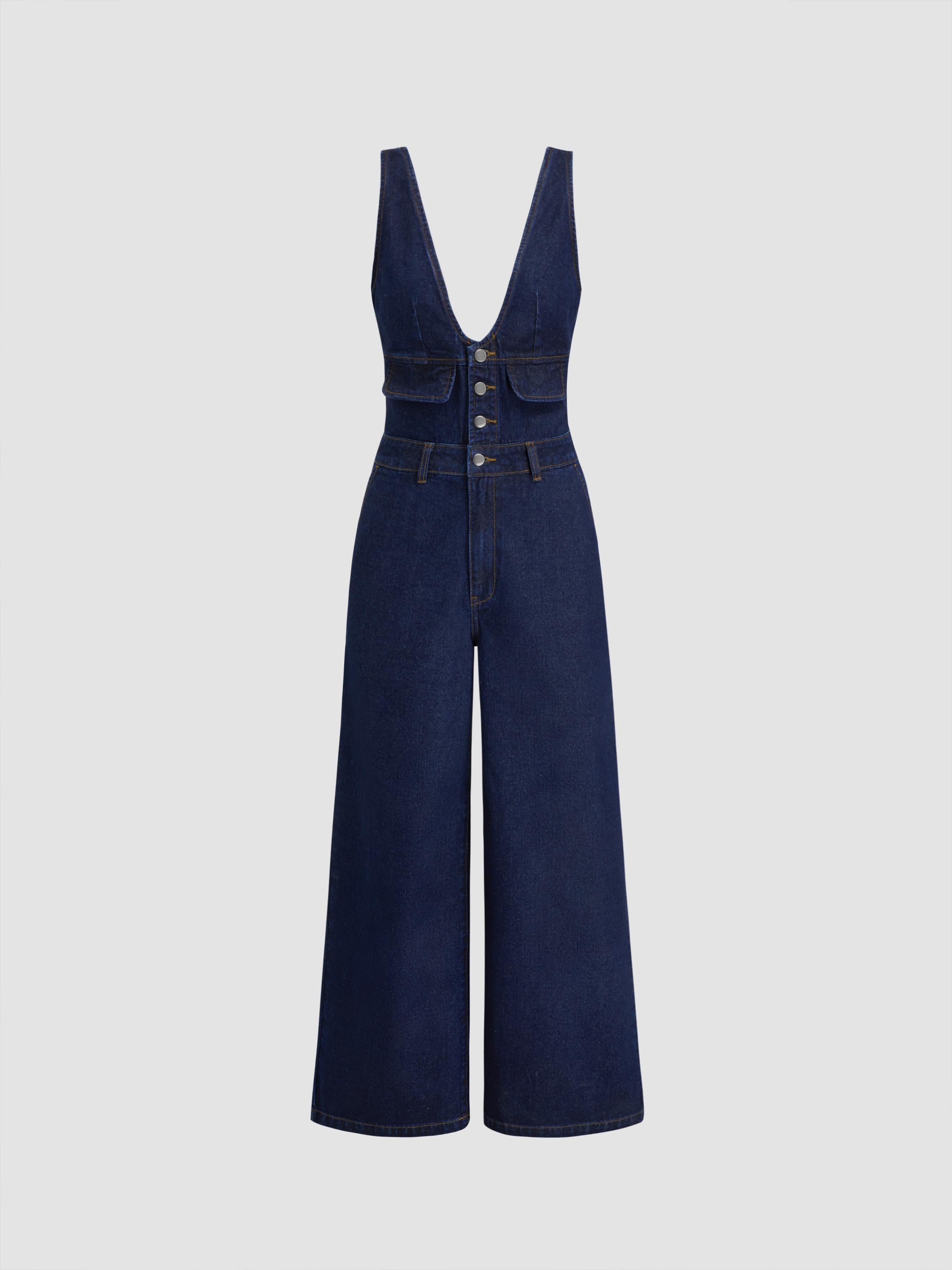 Cider Denim V-neck Button Pocket Wide Leg Jumpsuit by CIDER