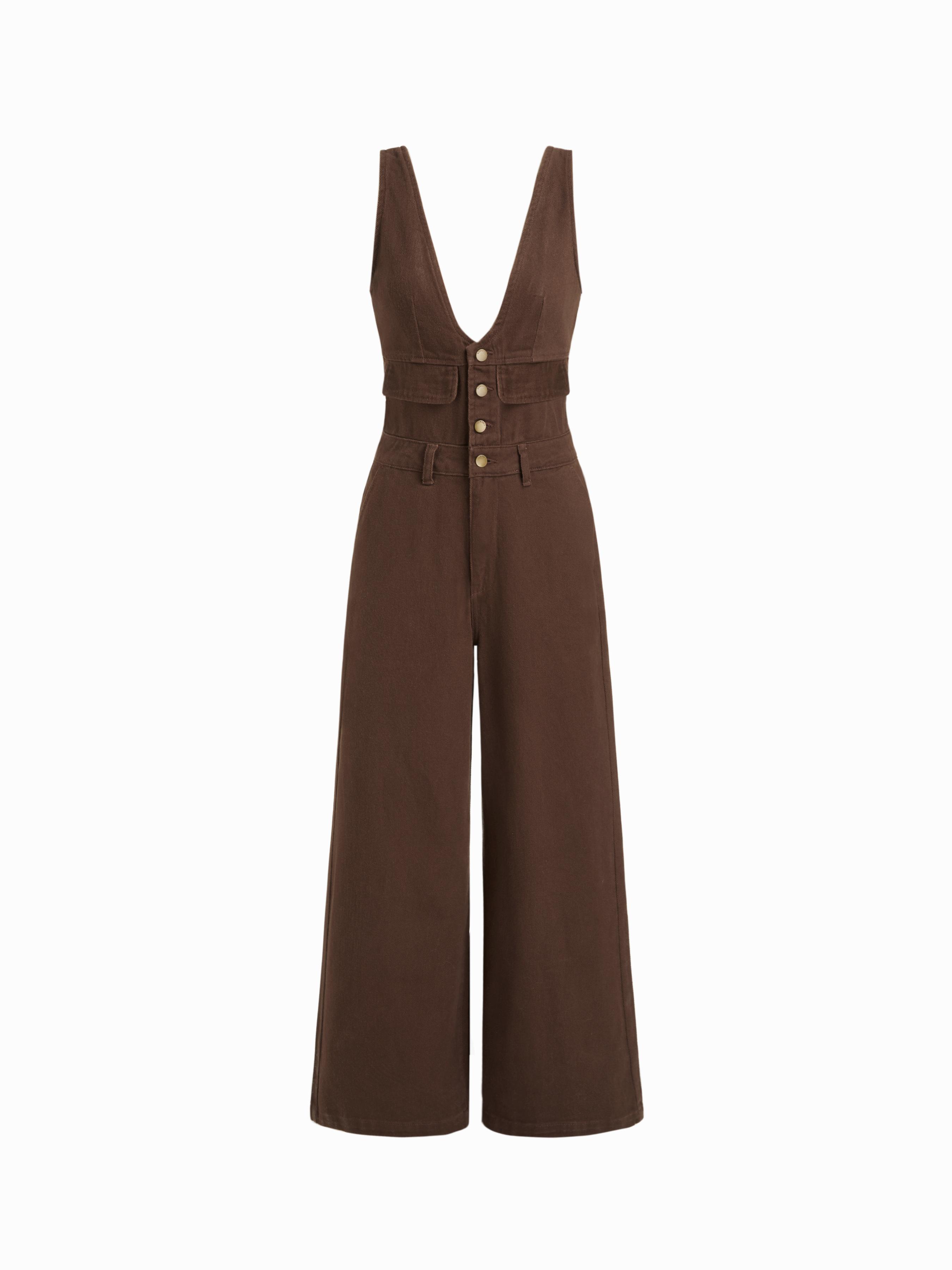 Cider Denim V-neck Button Pocket Wide Leg Jumpsuit by CIDER