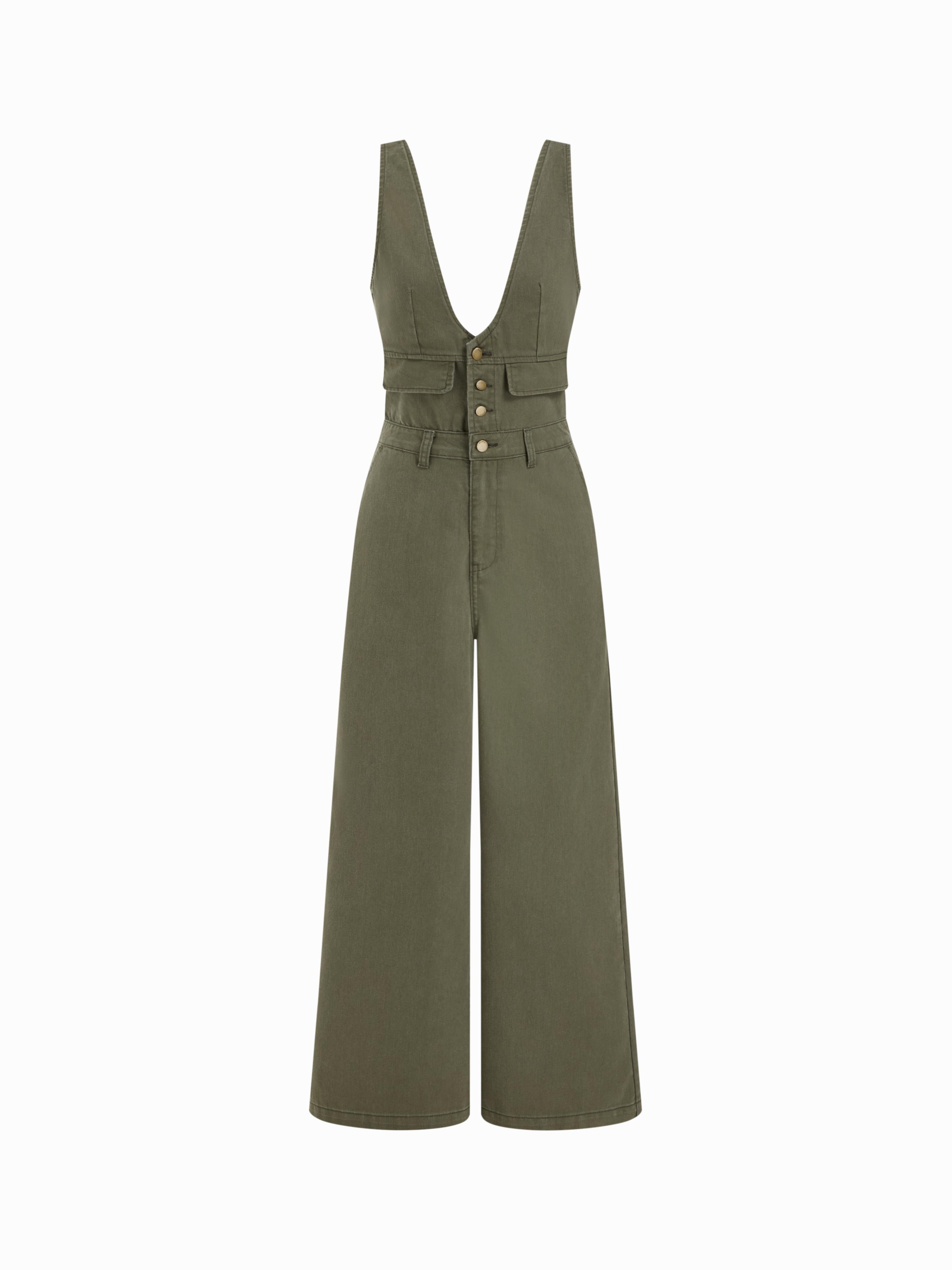 Cider Denim V-neck Button Pocket Wide Leg Jumpsuit by CIDER