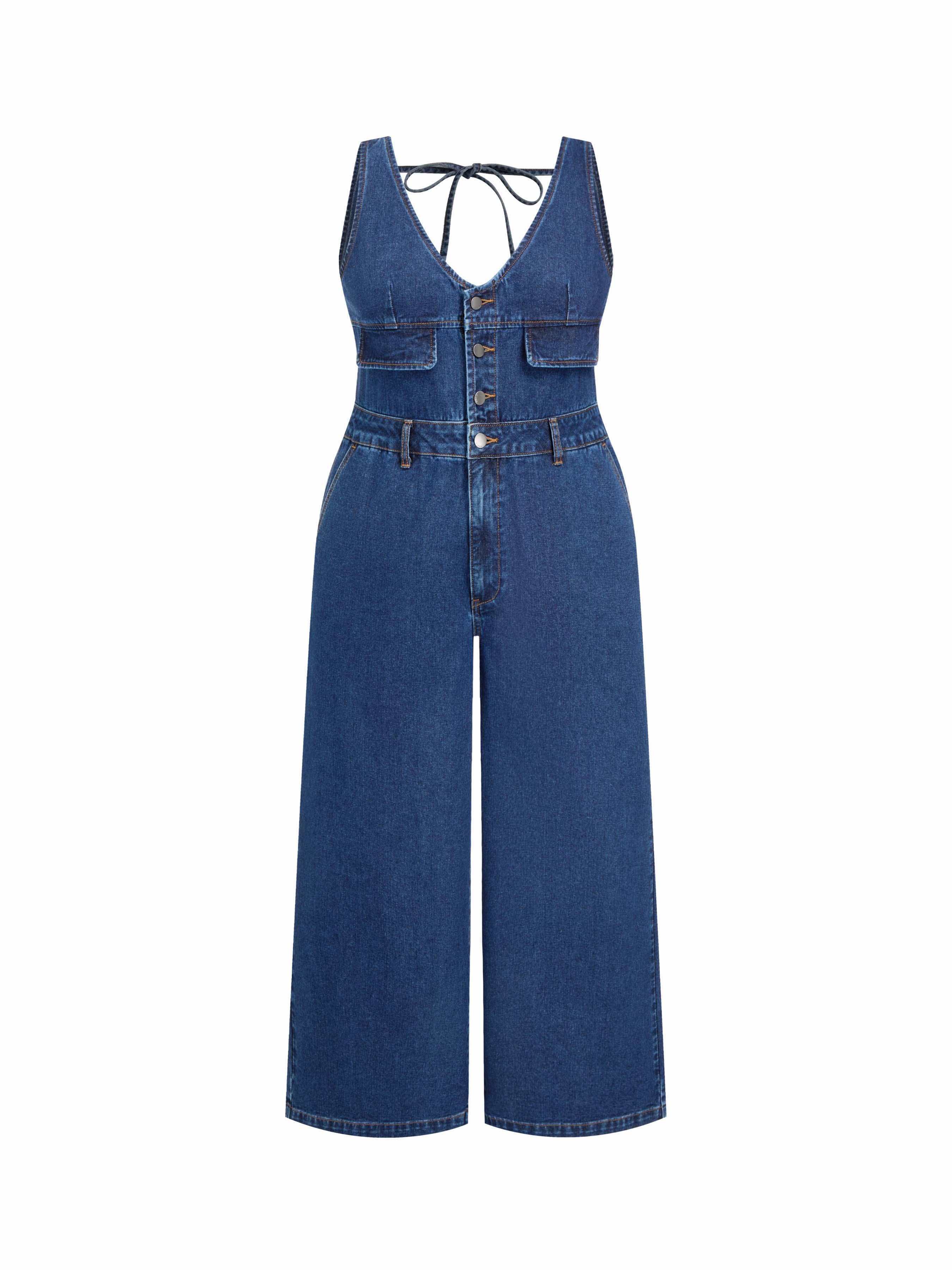 Cider Denim V-neck Knotted Wide Leg Jumpsuit Curve & Plus by CIDER