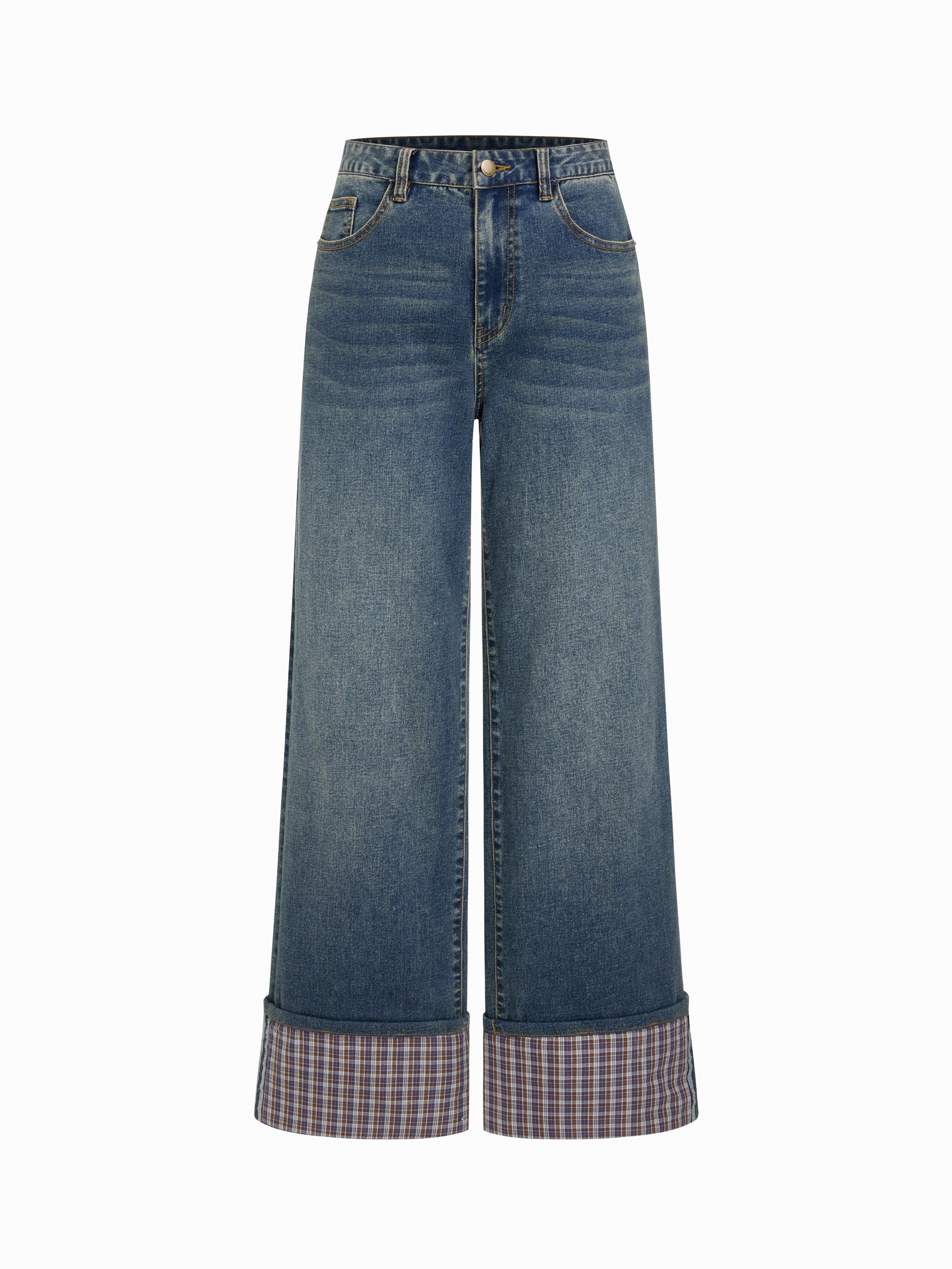 Cider Stretch Denim Mid Rise Plaid Roll Hem Straight Leg Jeans by CIDER