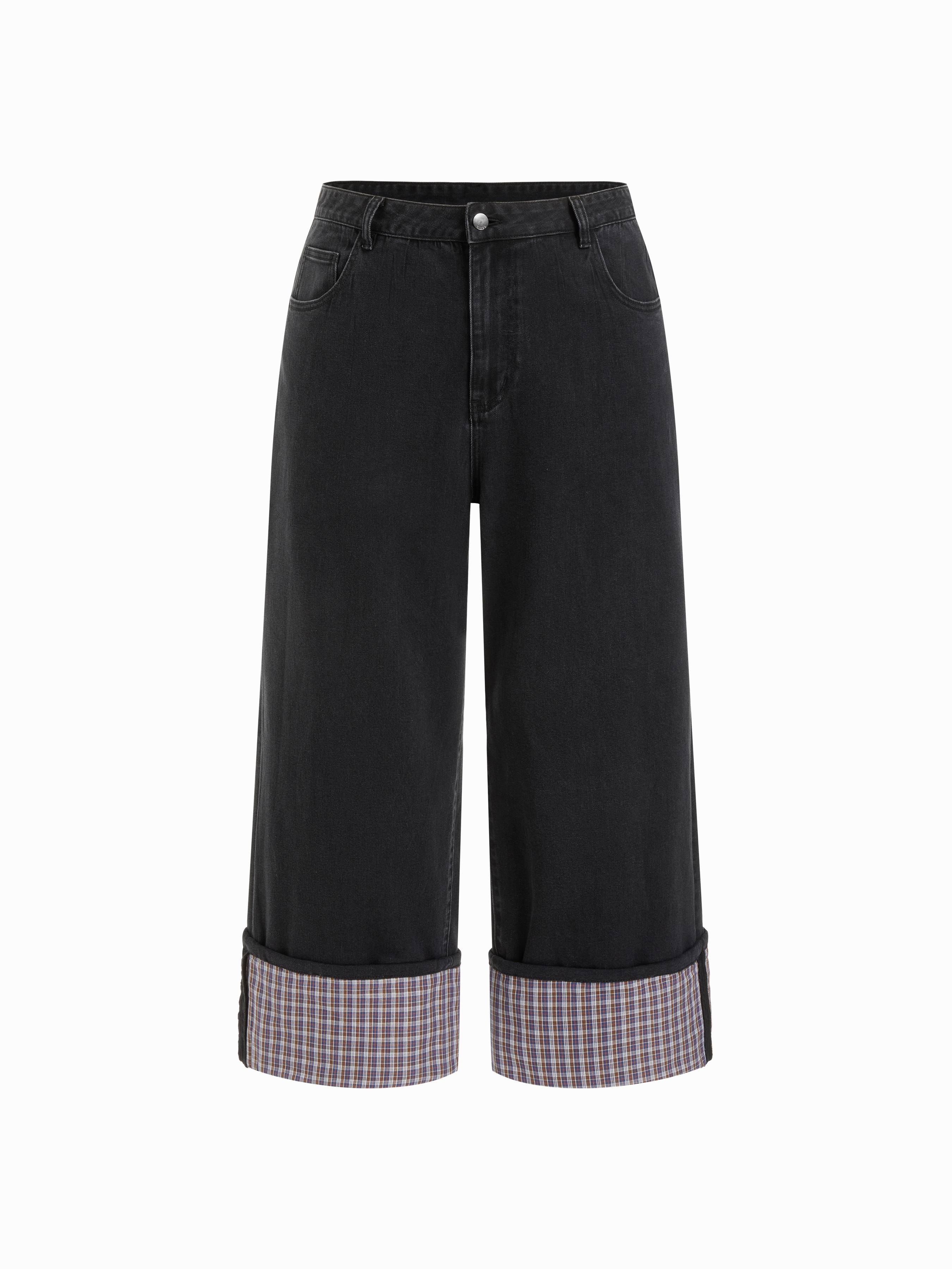Cider Stretch Denim Mid Rise Plaid Roll Hem Straight Leg Jeans Curve & Plus by CIDER