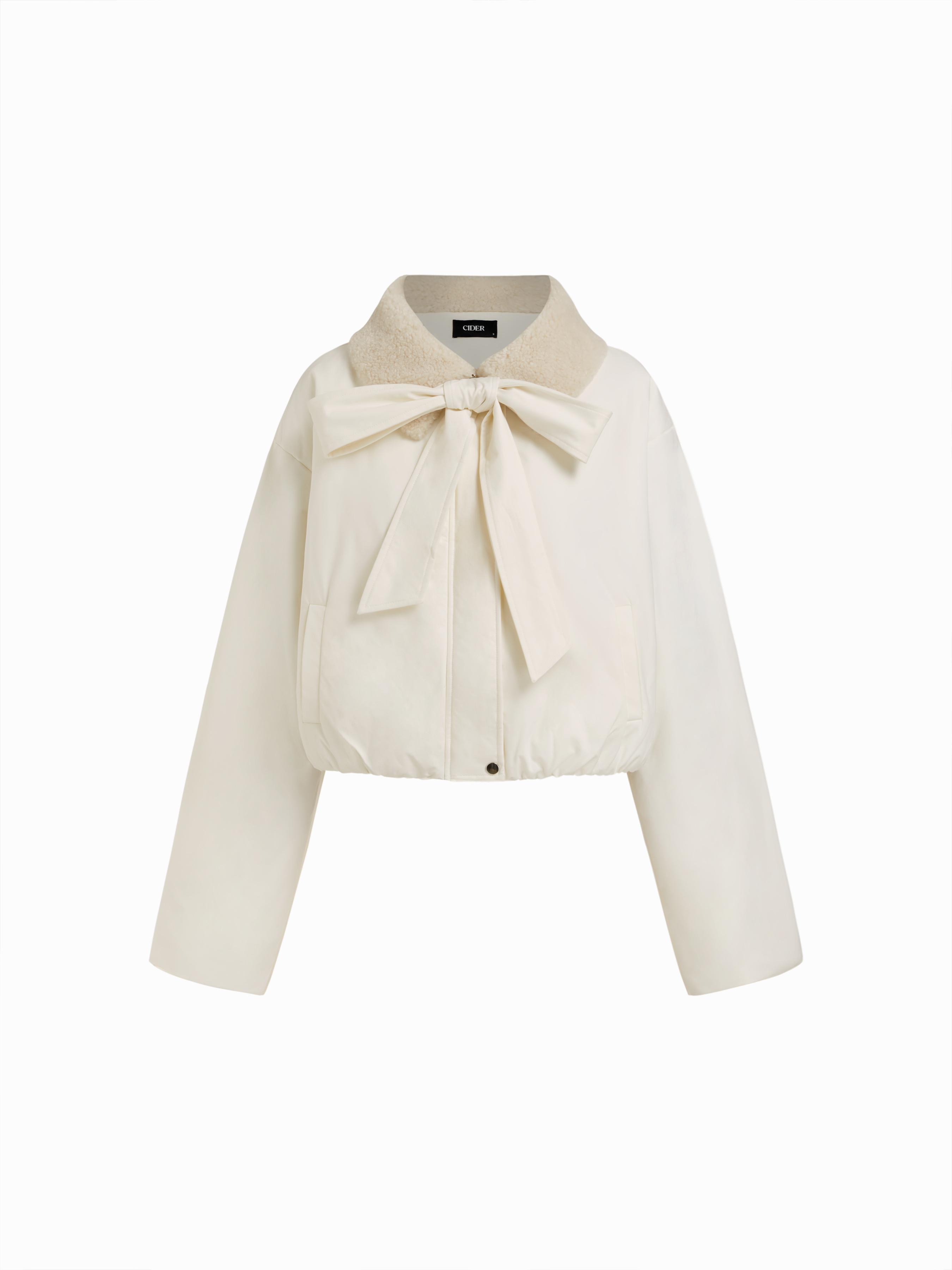 Collar Bowknot Zip Through Oversized Cropped Puffer by CIDER