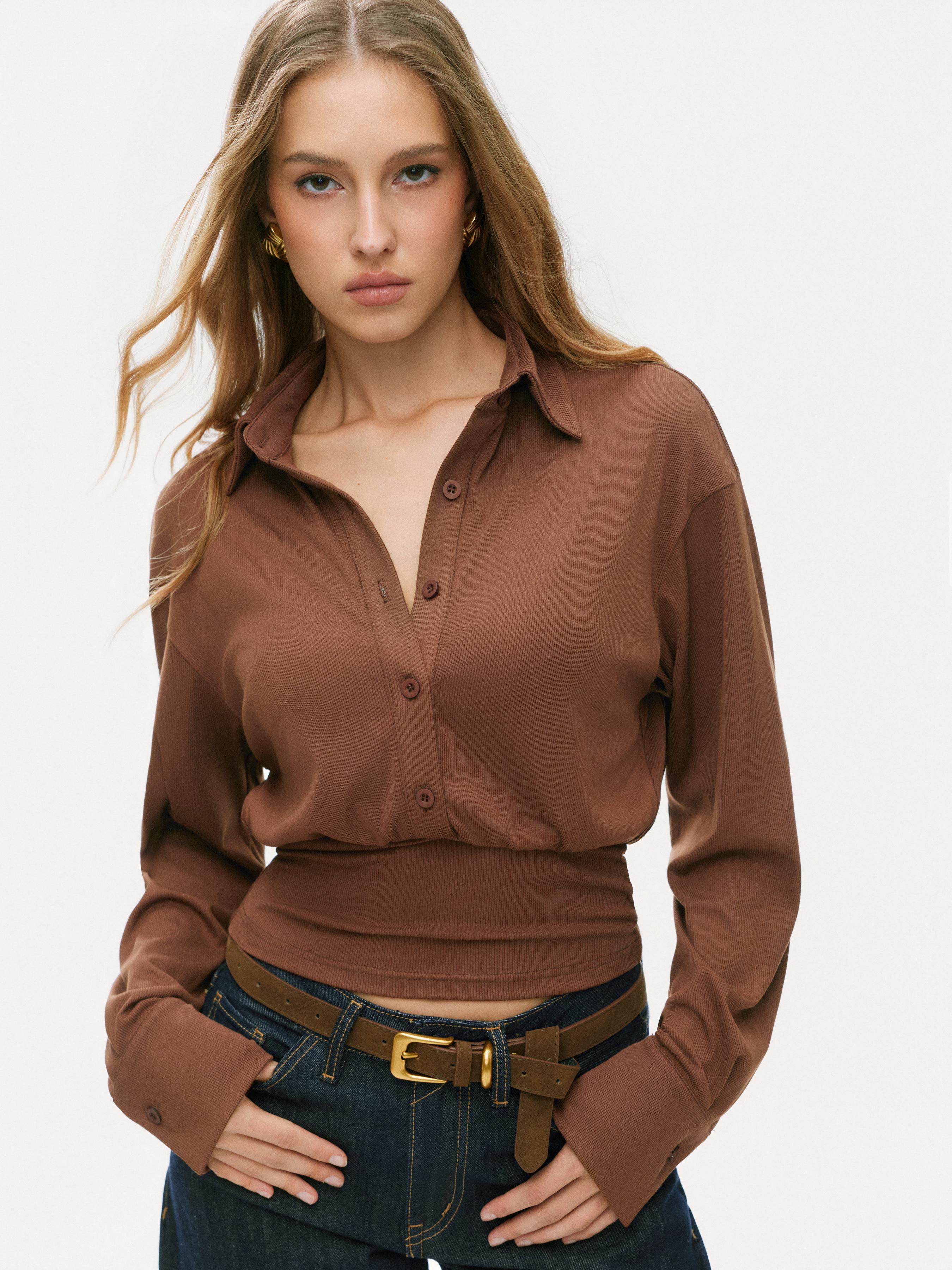 Collar Button Cinched Waist Long Sleeve Top by CIDER