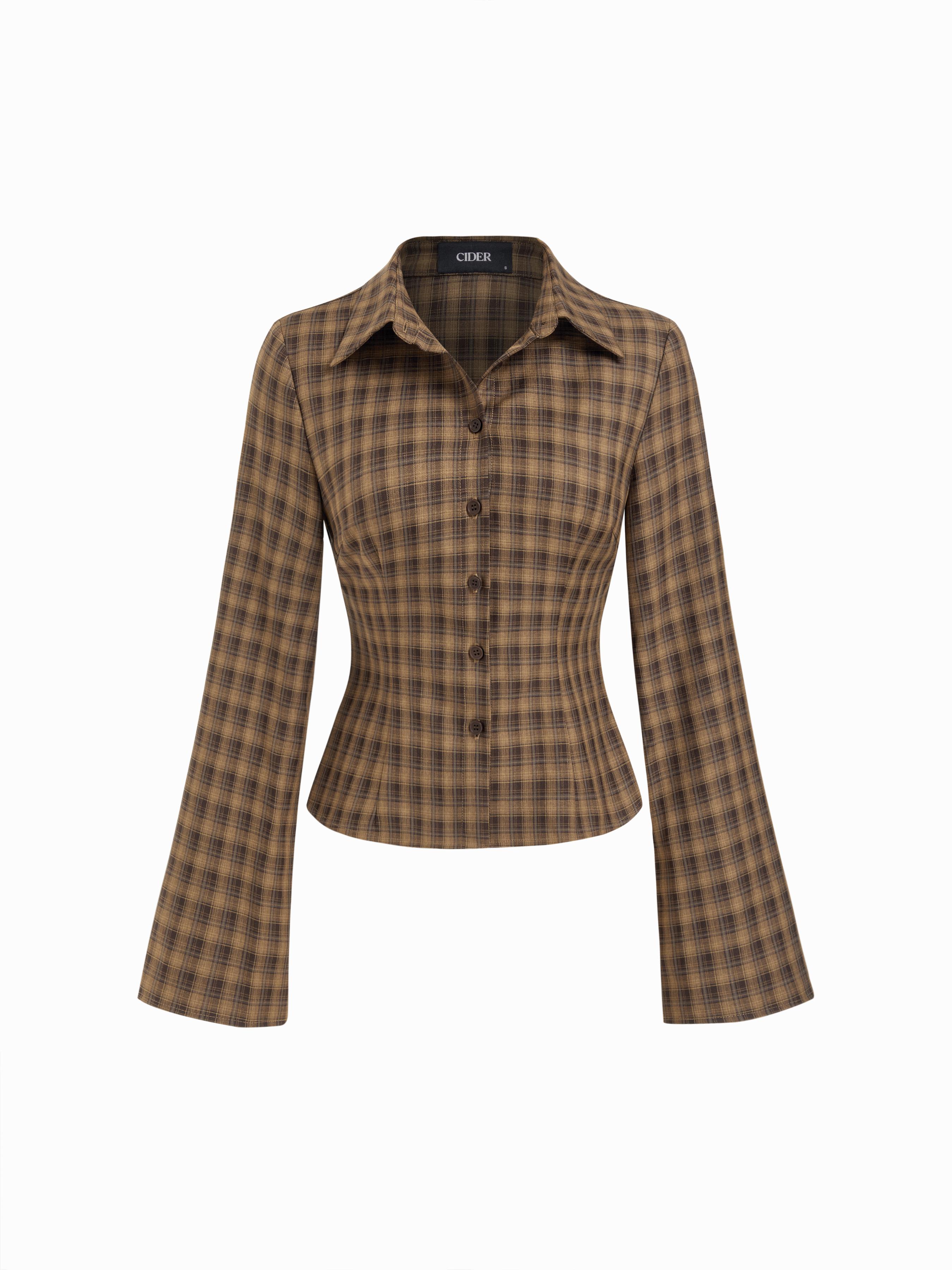 Collar Check Bell Sleeve Shirt by CIDER