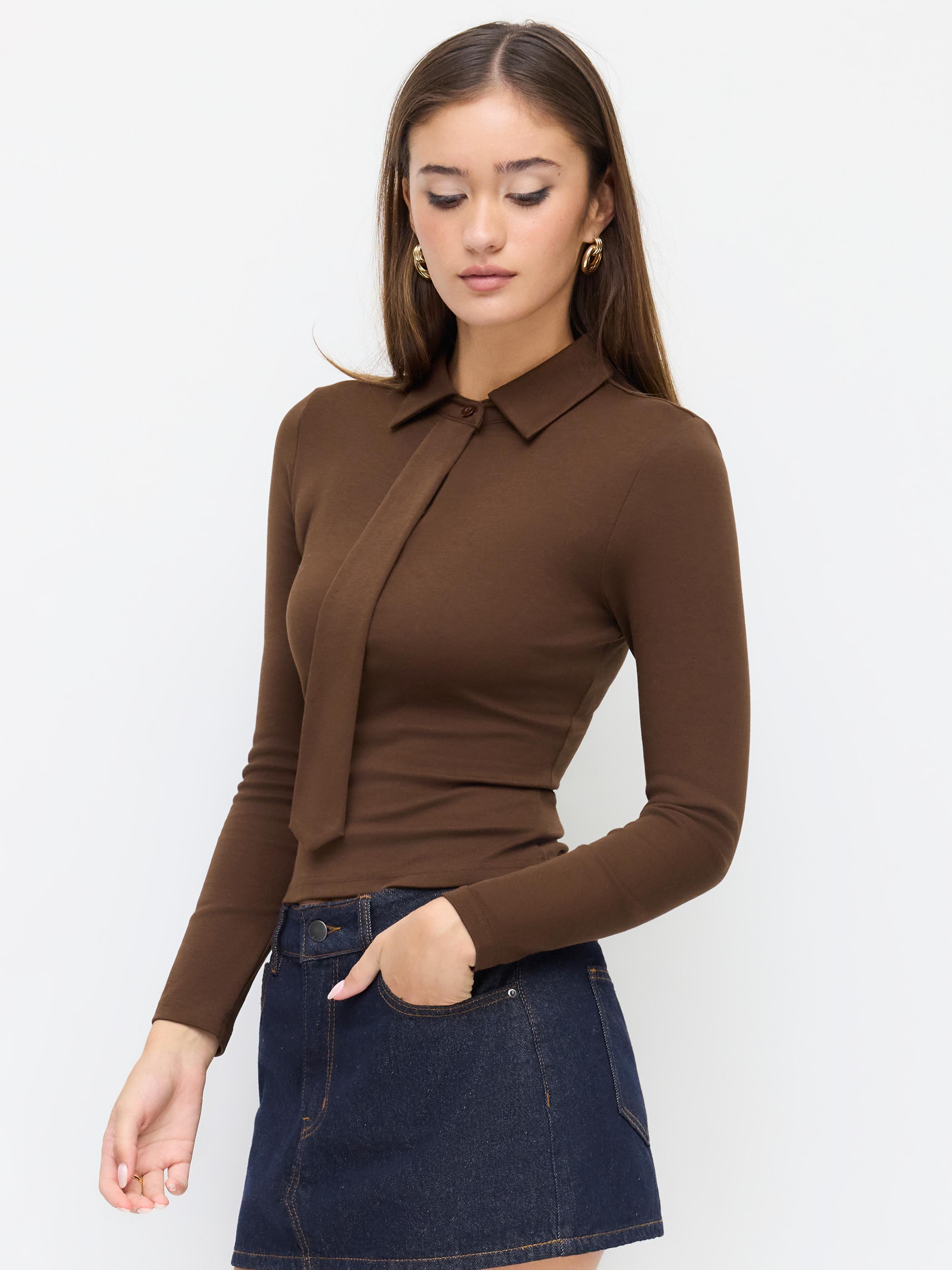 Collar Cotton-blend Collar Long Sleeve Top With Tie by CIDER