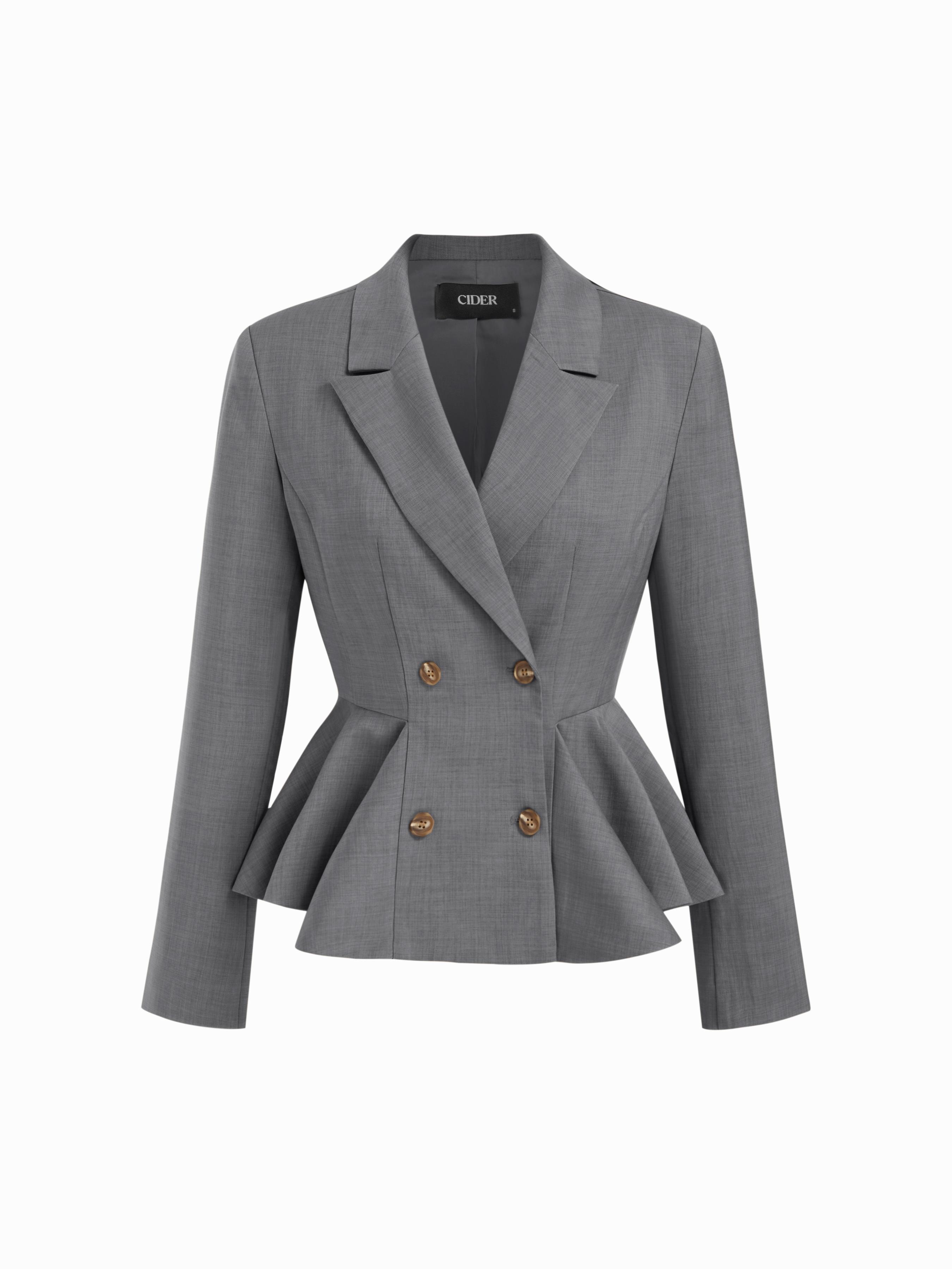 Collar Double Breasted Ruffled Cinched Waist Peplum Blazer by CIDER