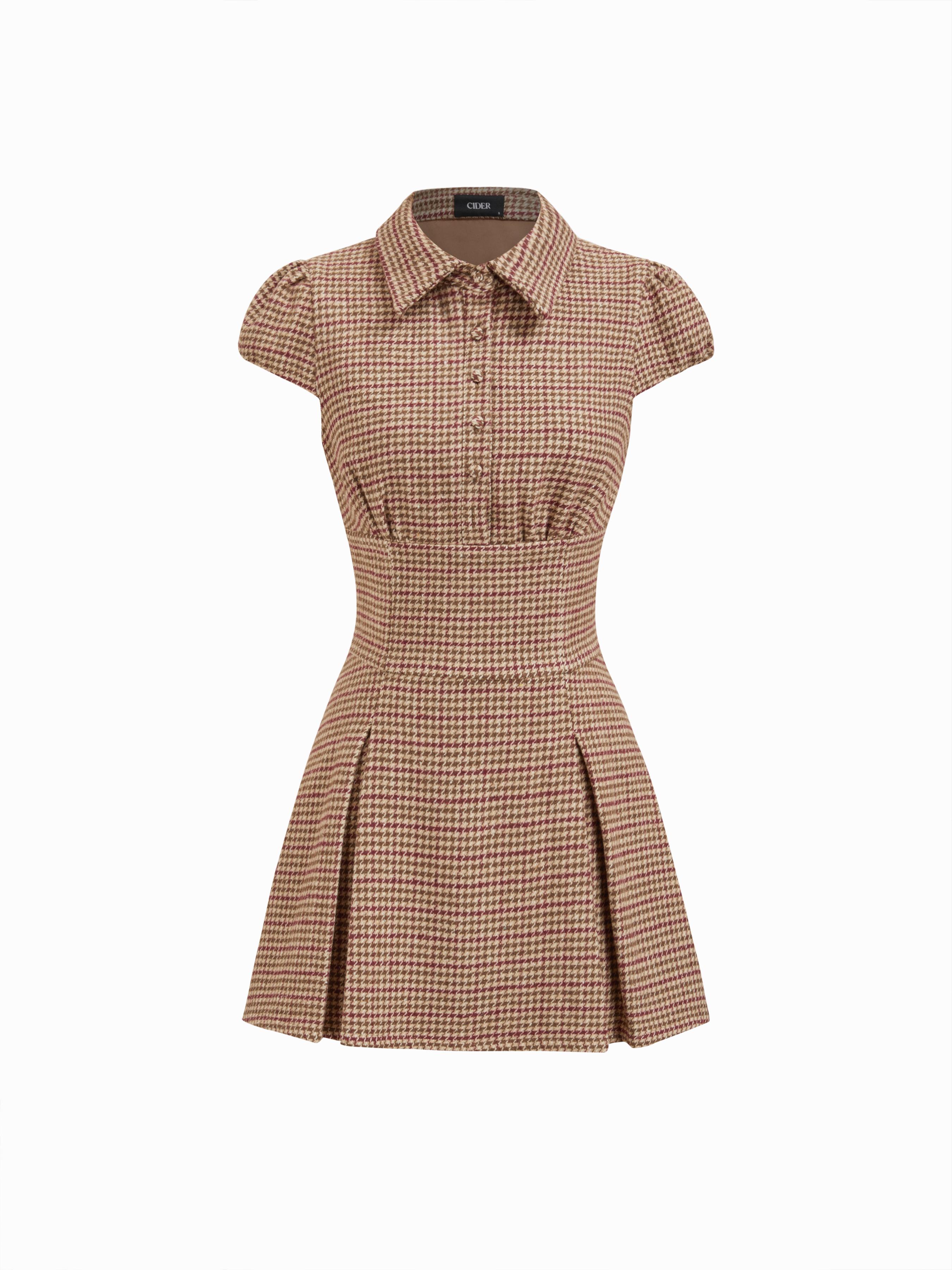 Collar Houndstooth Pleated Ruched Mini Dress by CIDER
