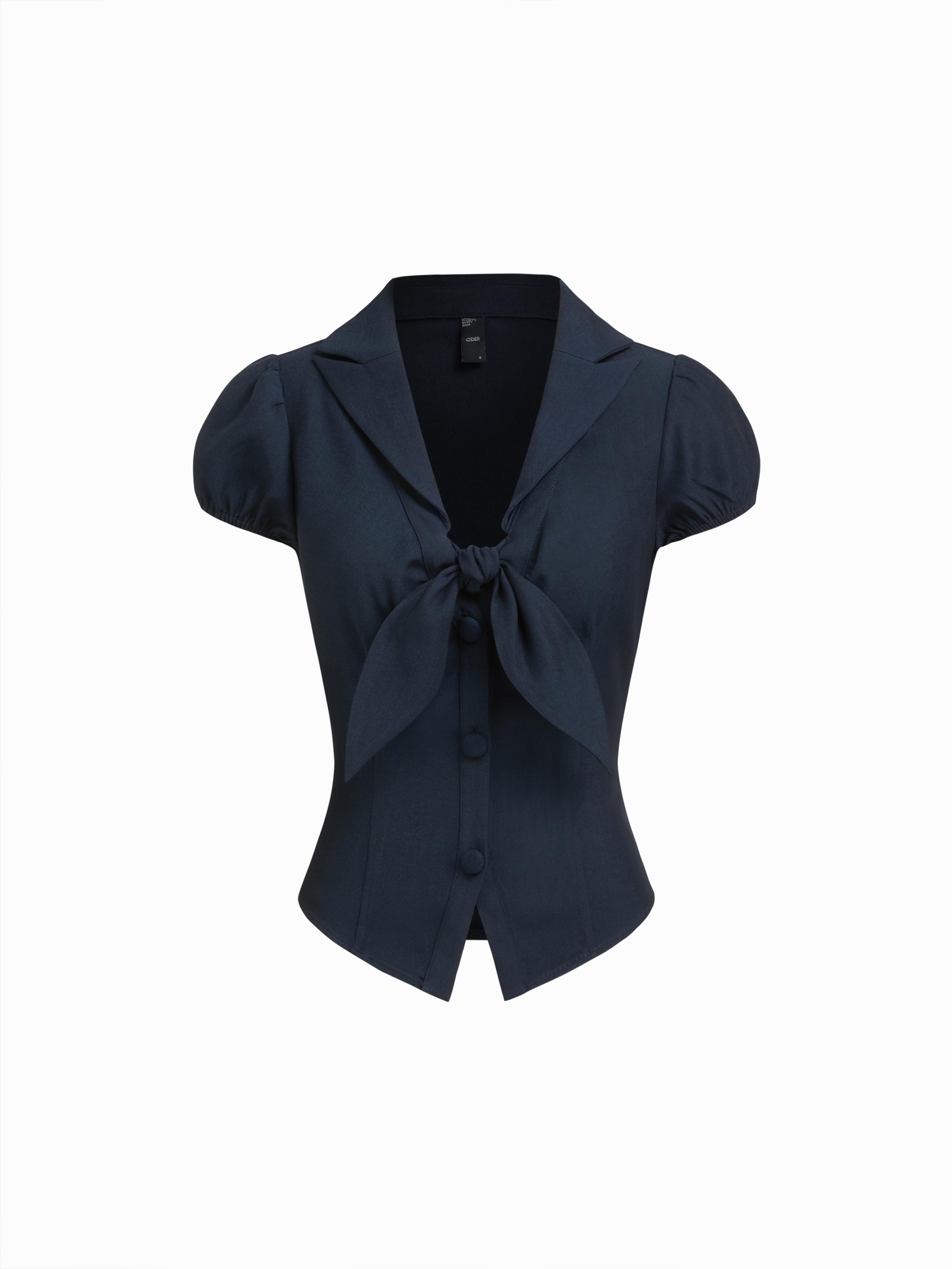 Collar Knotted Split Puff Sleeve Crop Top by CIDER