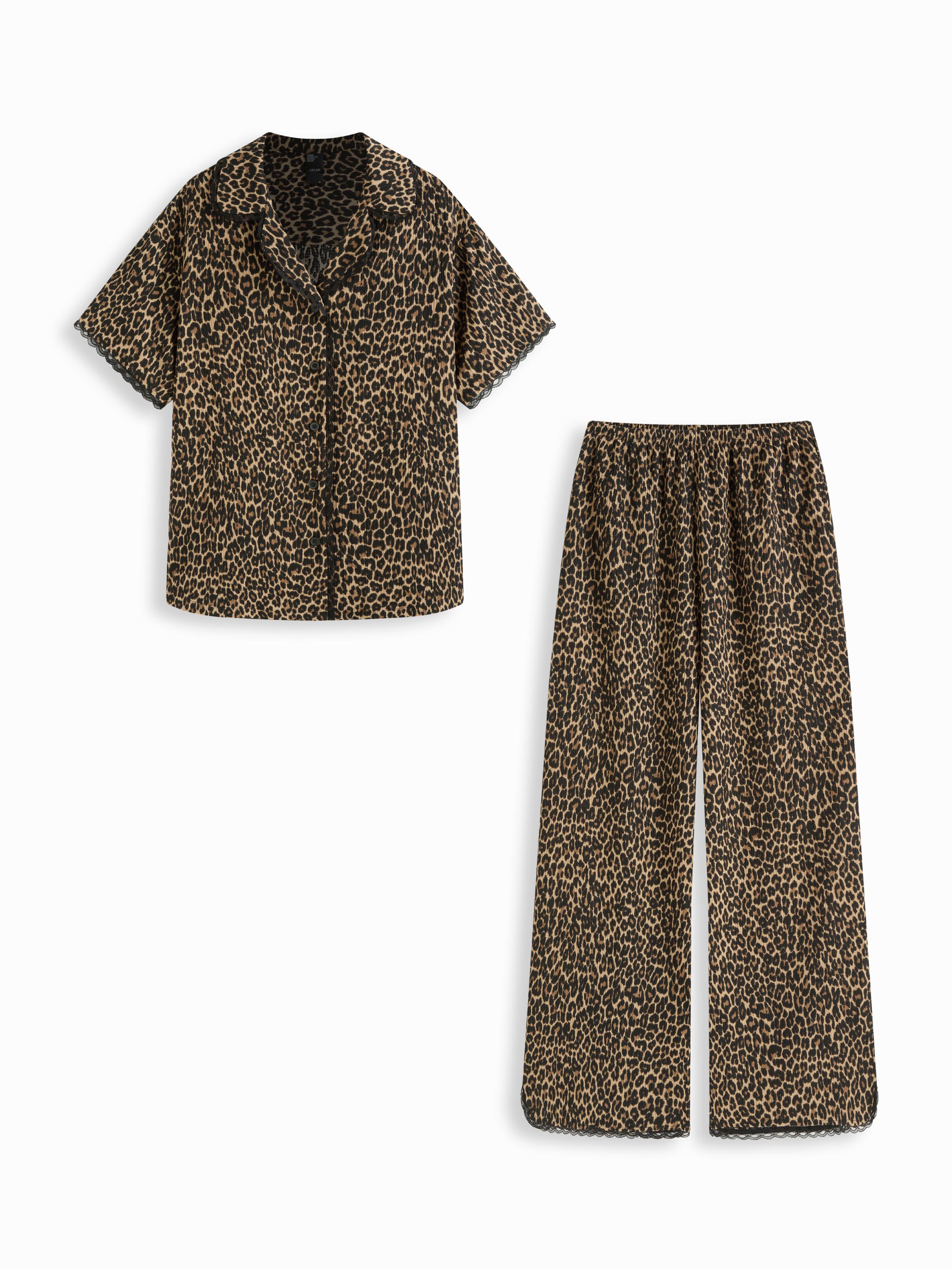 Collar Leopard Print Lace Trim Top & Mid Rise Wide Leg Trousers Loungewear Set by CIDER