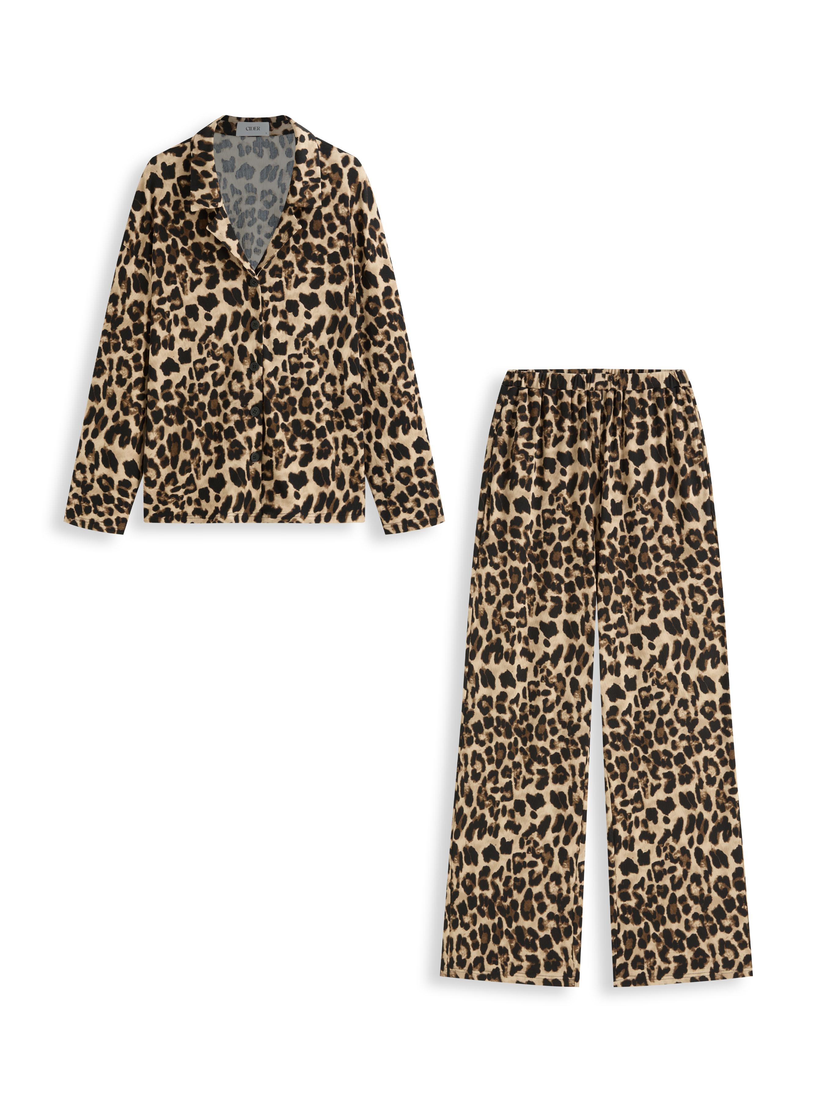 Collar Leopard Print Long Sleeve Top & Mid Rise Straight Leg Trousers Loungewear Set by CIDER