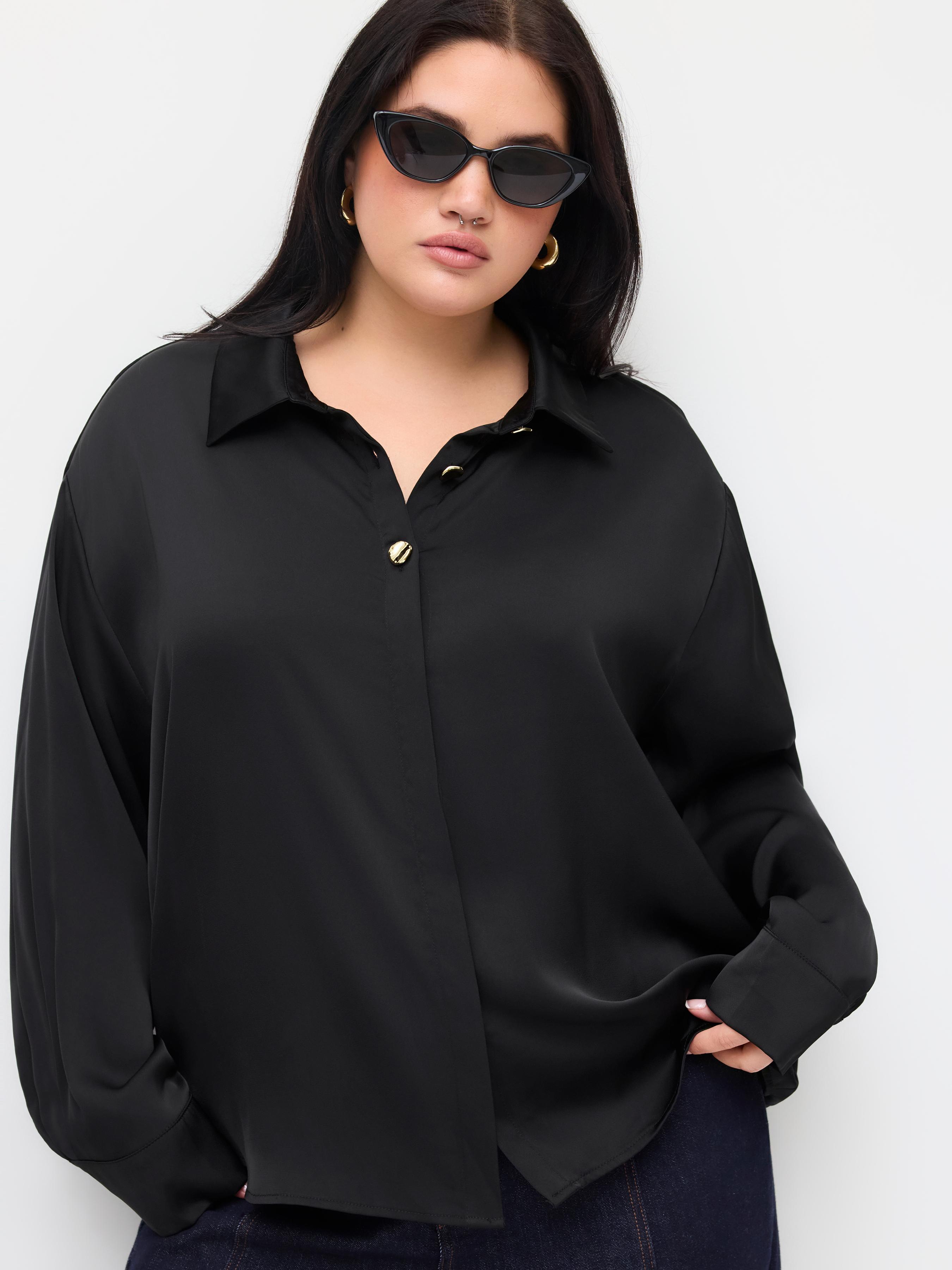 Collar Long Sleeve Metal Button Oversized Blouse Curve & Plus by CIDER