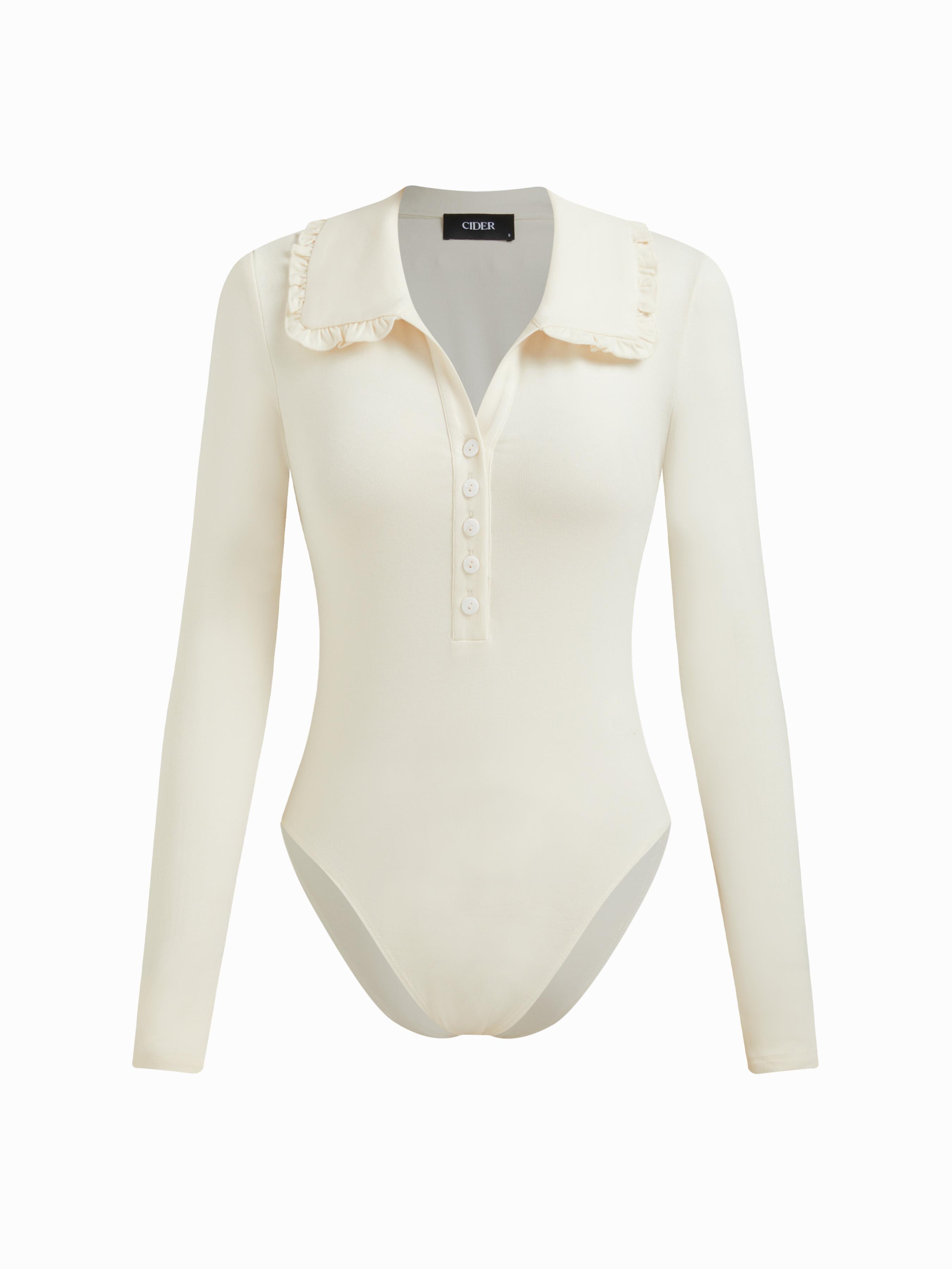 Collar Long Sleeve Ruffle Trim Button Bodysuit by CIDER