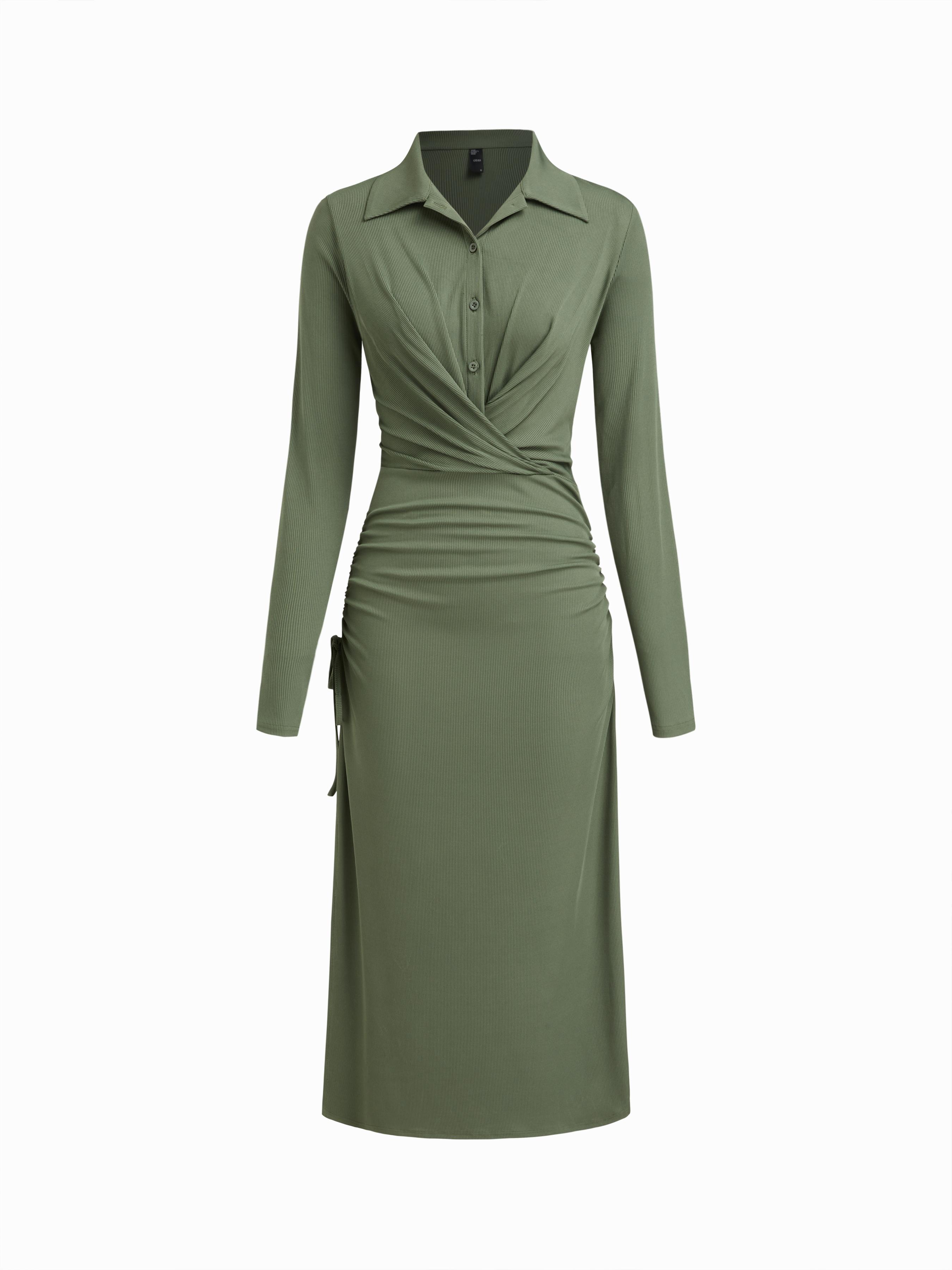 Collar Long Sleeve Wrap Ruched Drawstring Split Side Maxi Dress by CIDER
