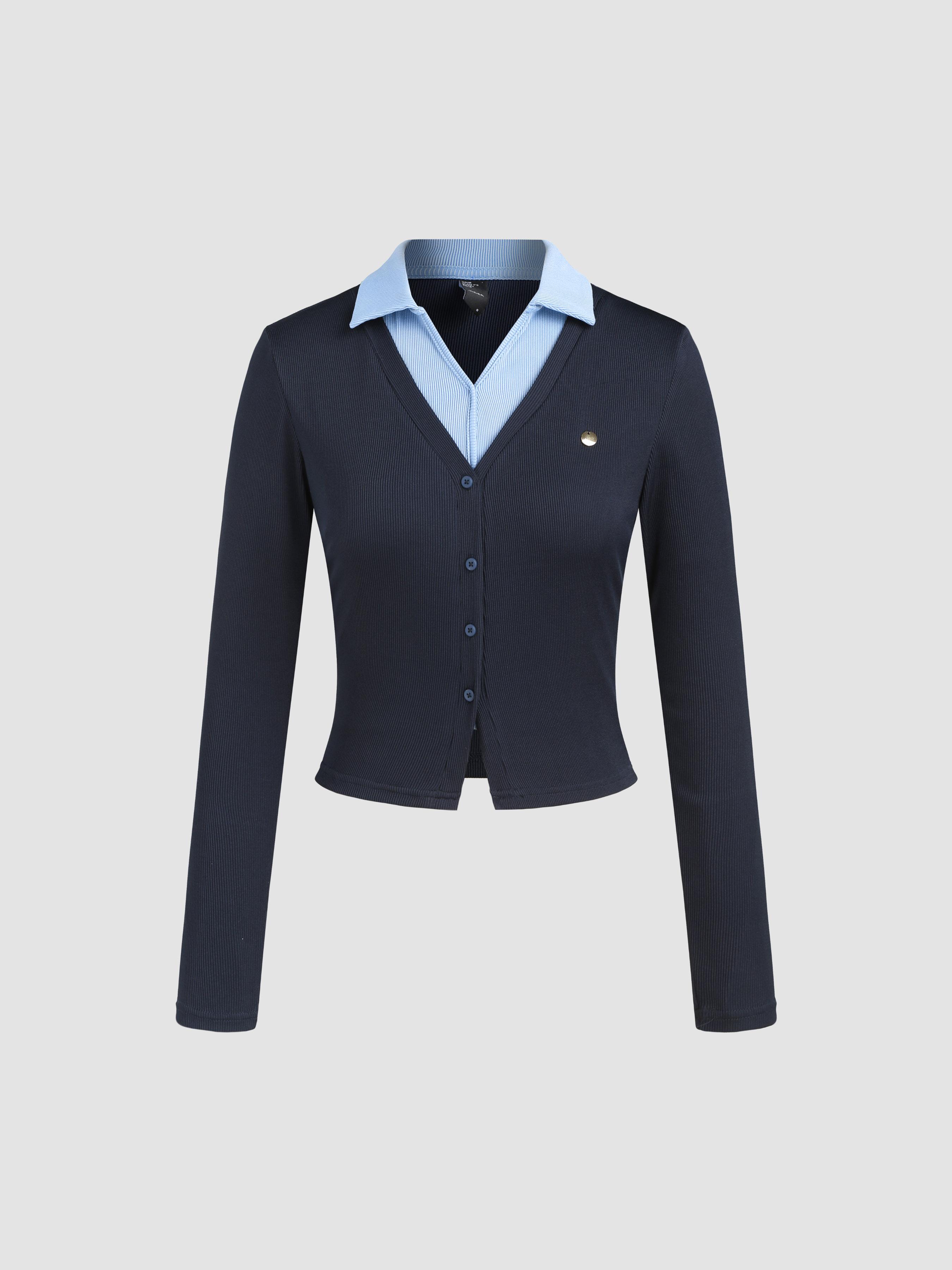 Collar Patchy Embroidery Button Long Sleeve Top by CIDER