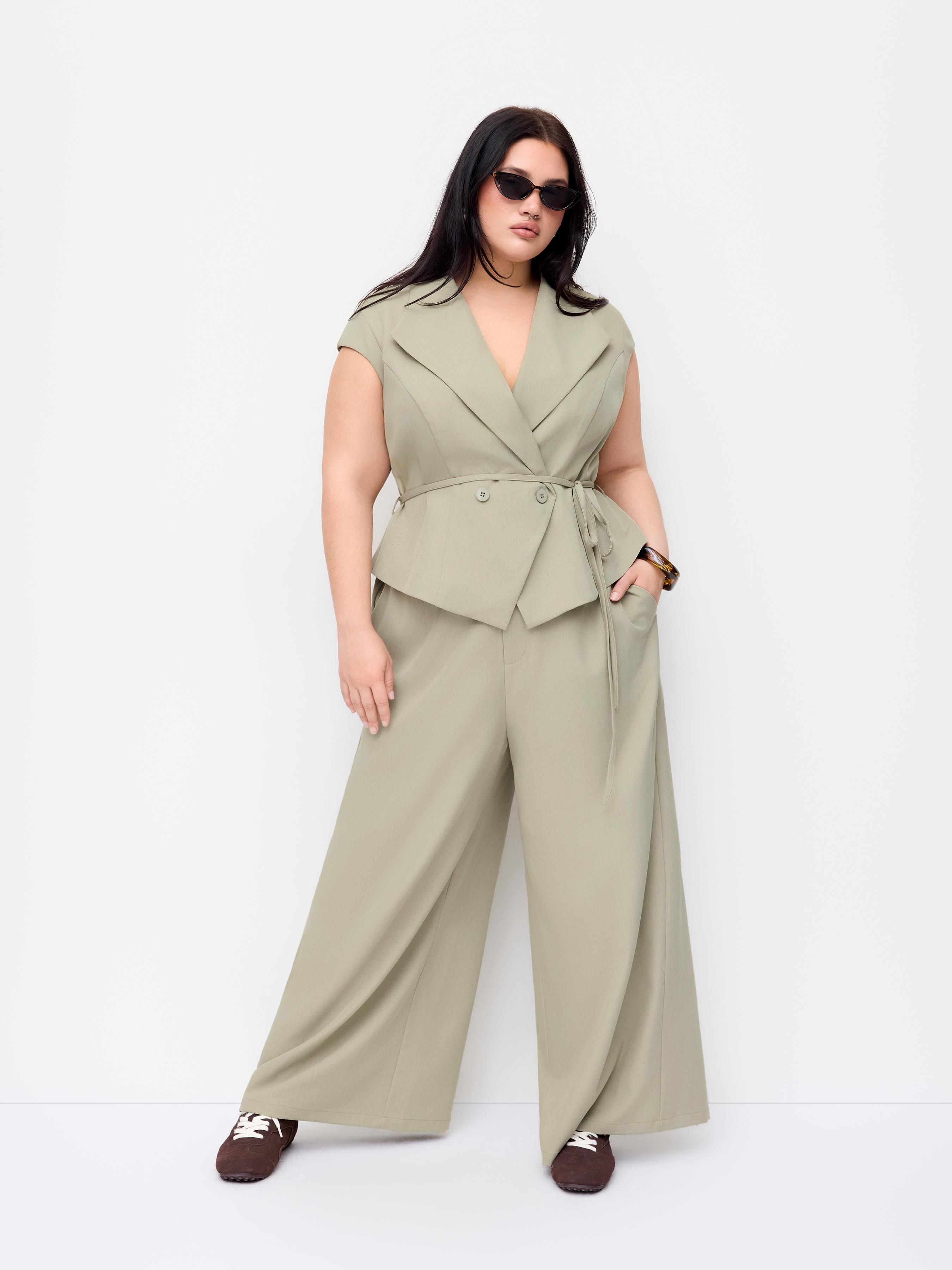 Collar Peplum Waist Tie Front Straight Leg Jumpsuit Curve & Plus by CIDER