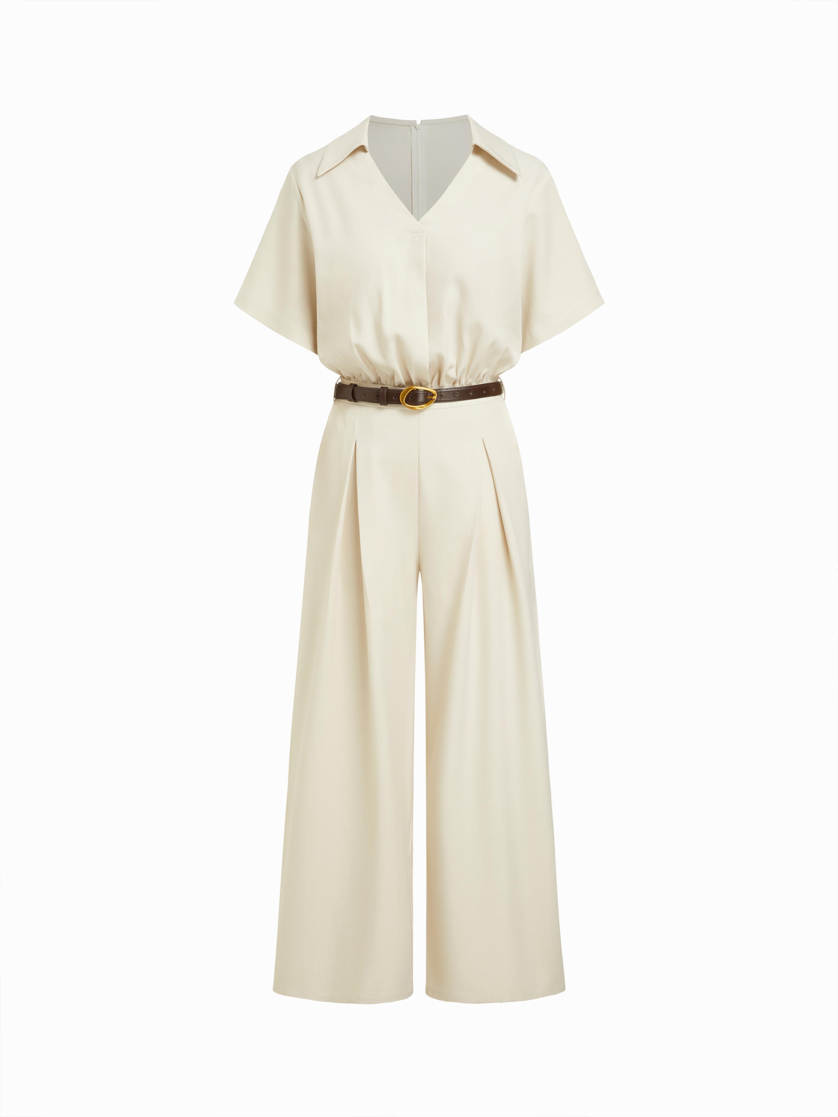 Collar Ruched Pleated High Rise Wide Leg Jumpsuit With Belt by CIDER