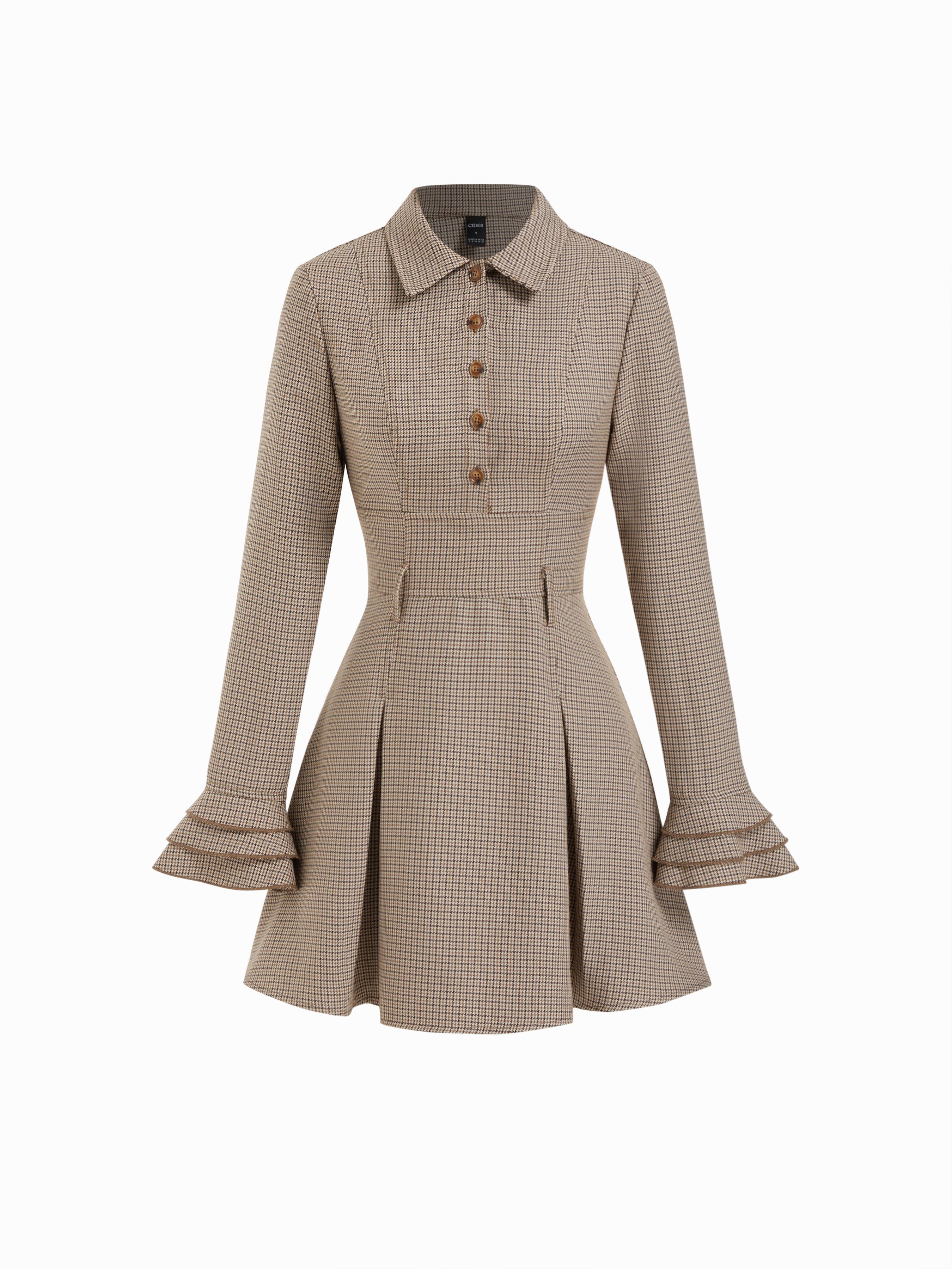 Collar Ruffle Sleeve Houndstooth A-line Mini Dress by CIDER