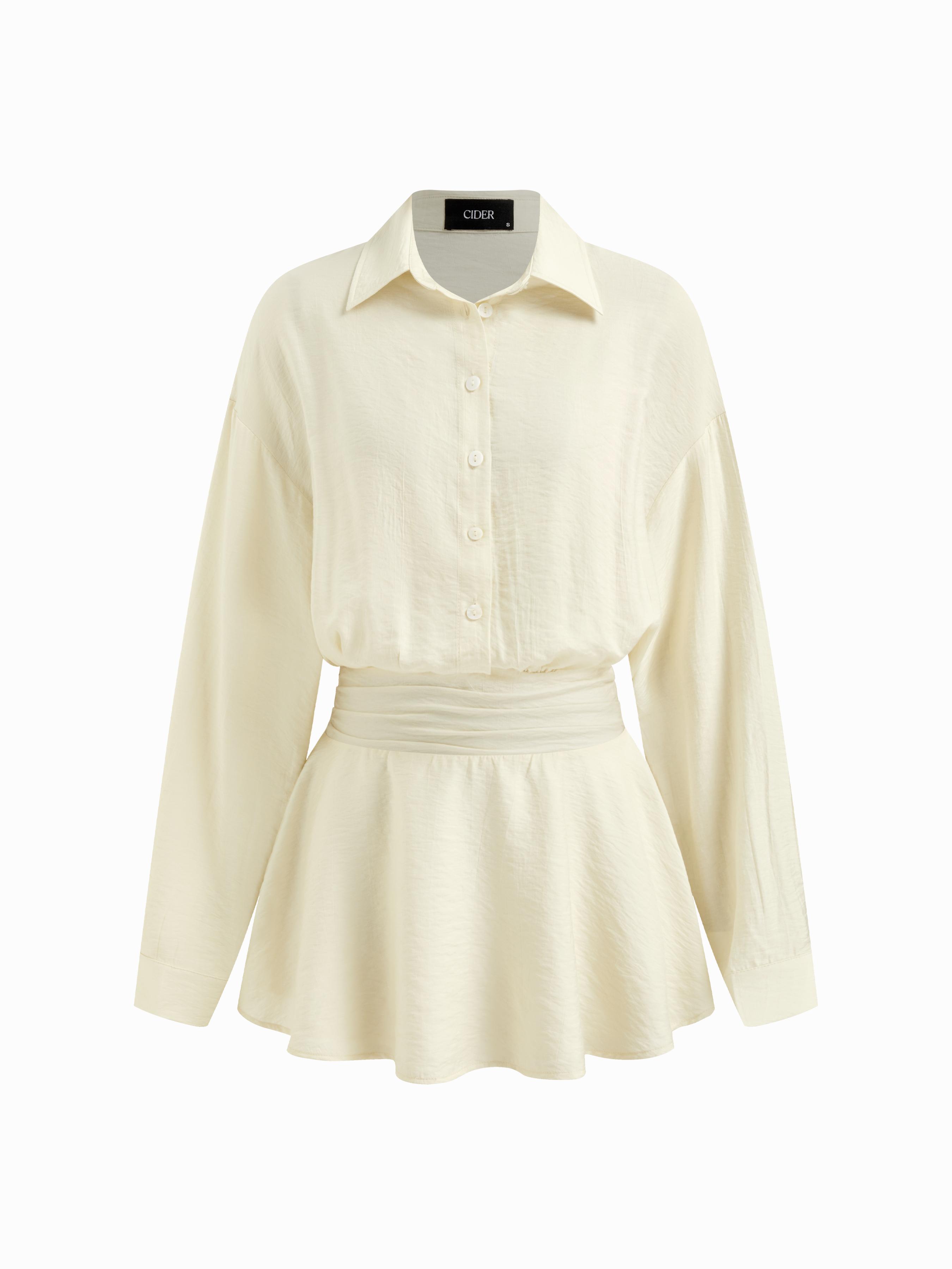 Collar Shirred Ruched Long Sleeve Mini Shirt Dress by CIDER
