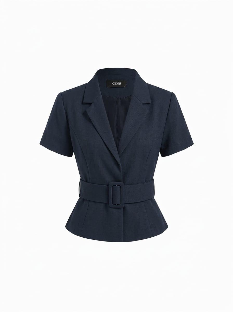 Collar Short Sleeve Peplum Belted Blazer With Shoulder Pads by CIDER