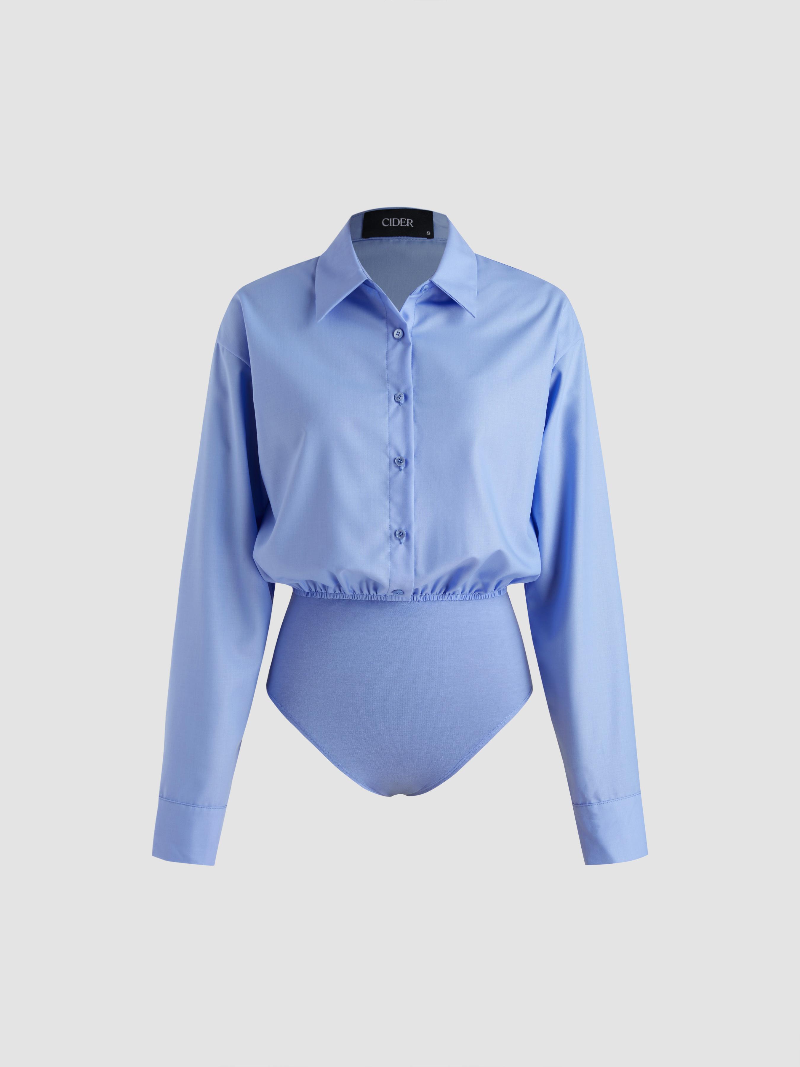 Collar Solid Button Long Sleeve Shirt Bodysuit by CIDER