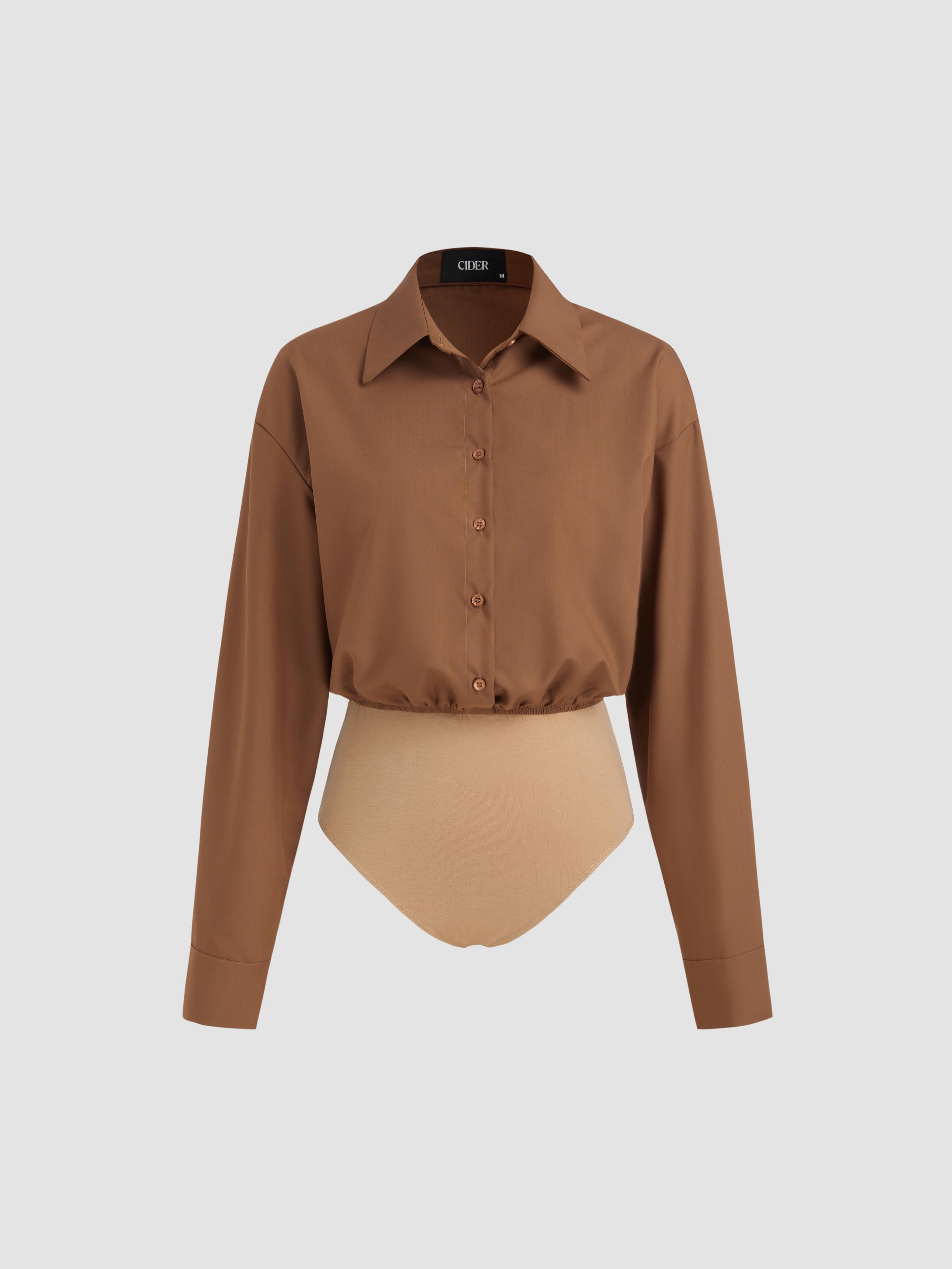 Collar Solid Button Long Sleeve Shirt Bodysuit by CIDER
