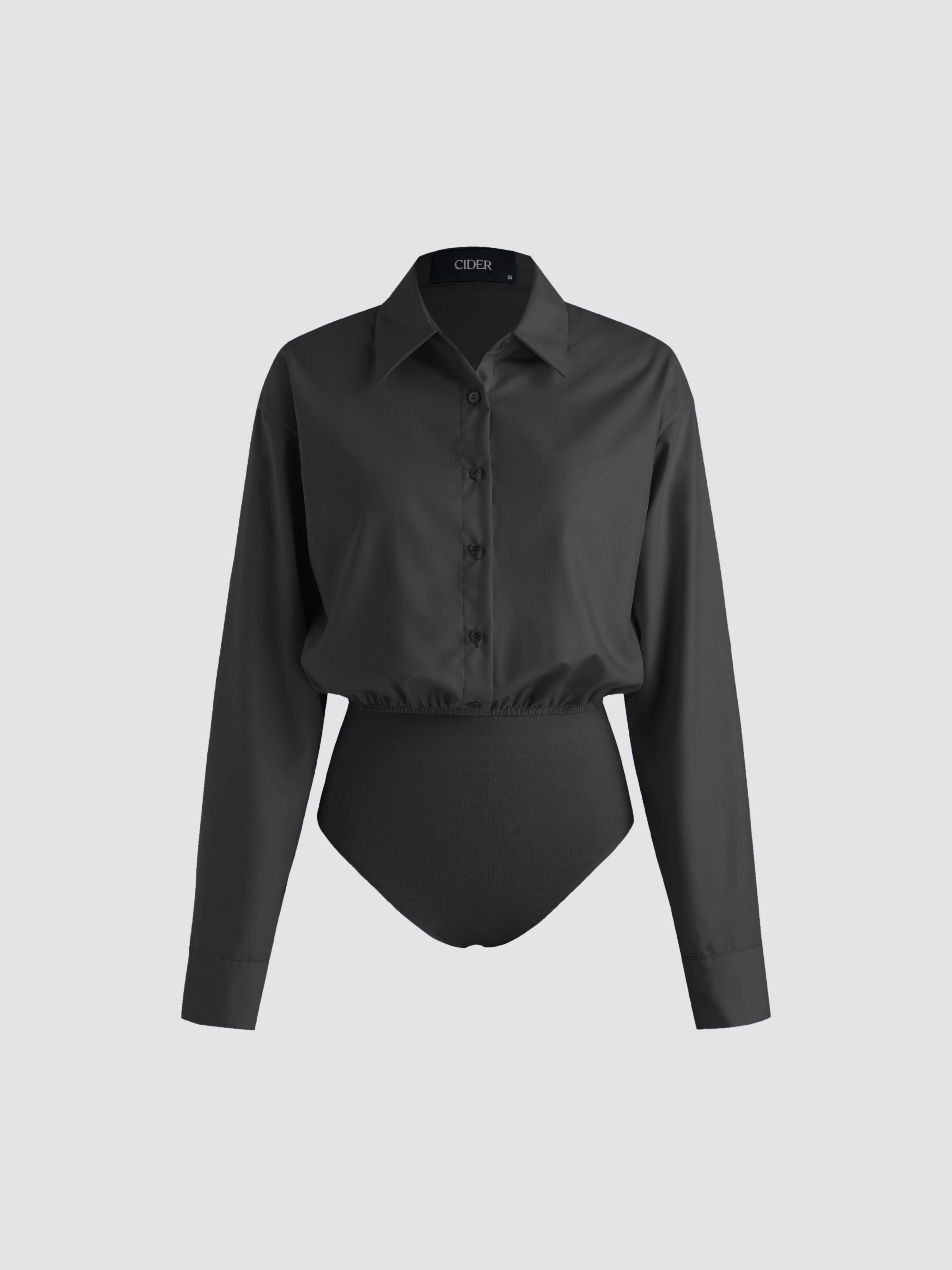 Collar Solid Button Long Sleeve Shirt Bodysuit by CIDER