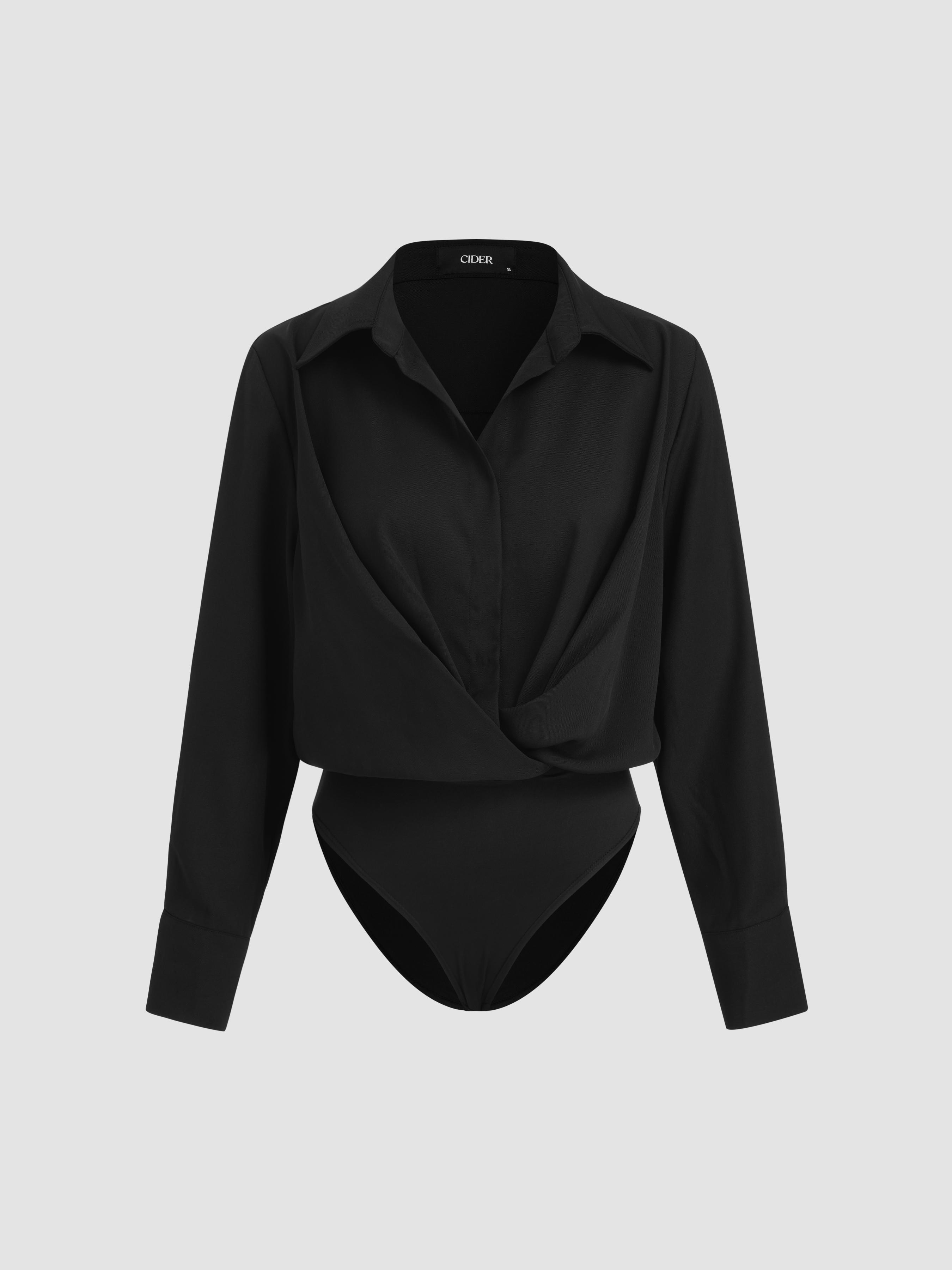 Collar Solid Ruched Long Sleeve Shirt Bodysuit by CIDER