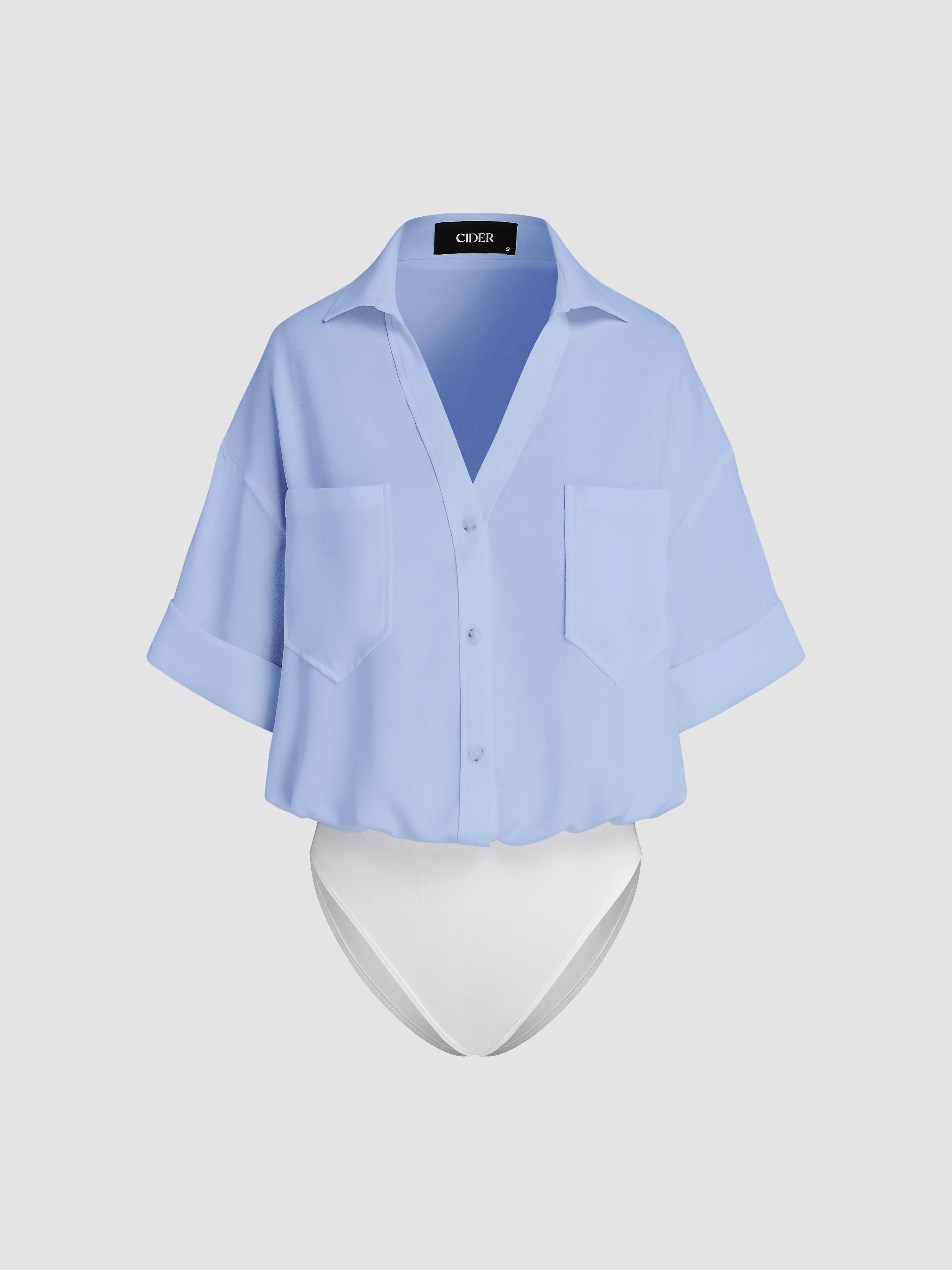 Collar Solid Short Sleeve Shirt Bodysuit by CIDER