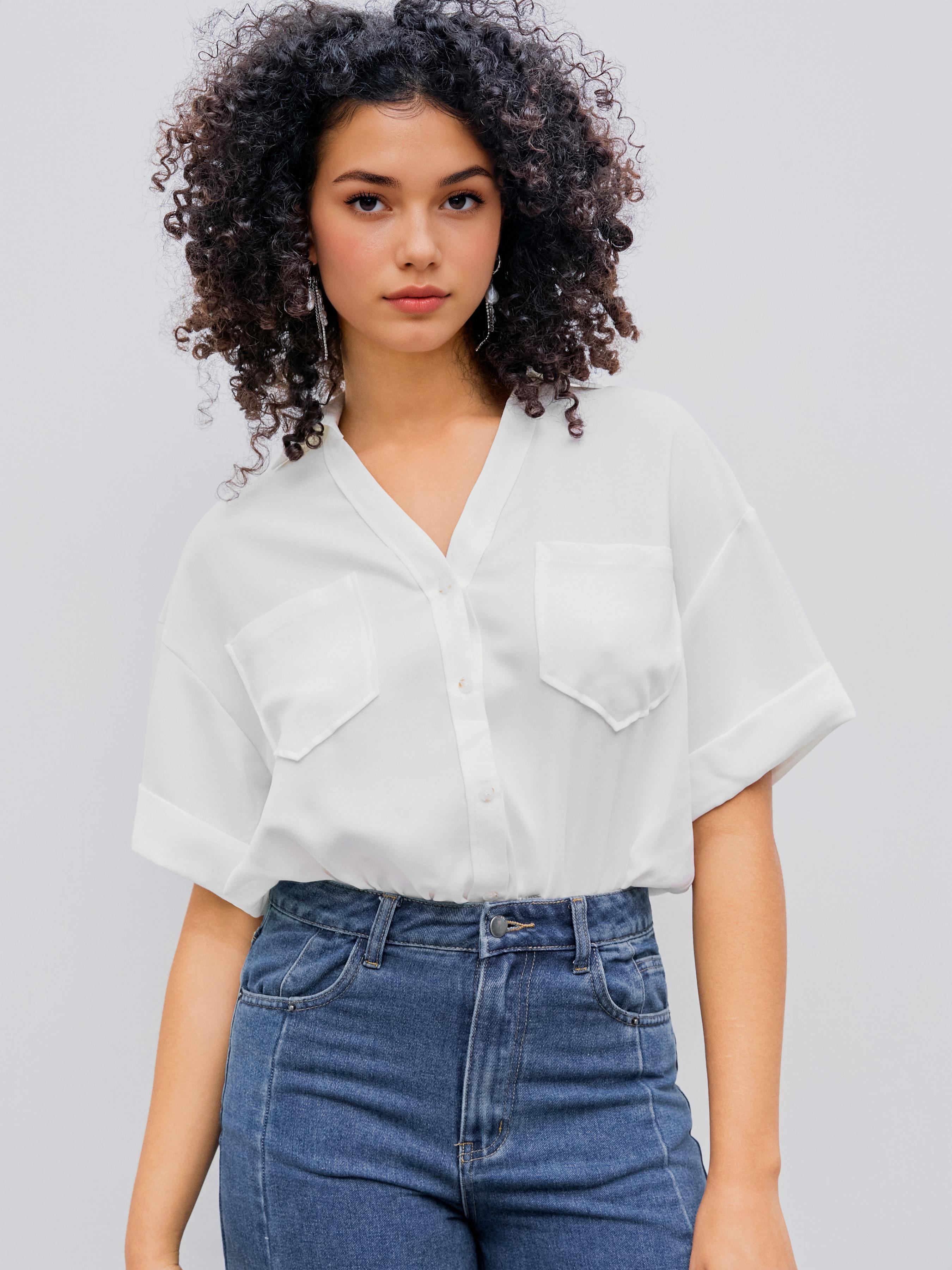 Collar Solid Short Sleeve Shirt Bodysuit by CIDER