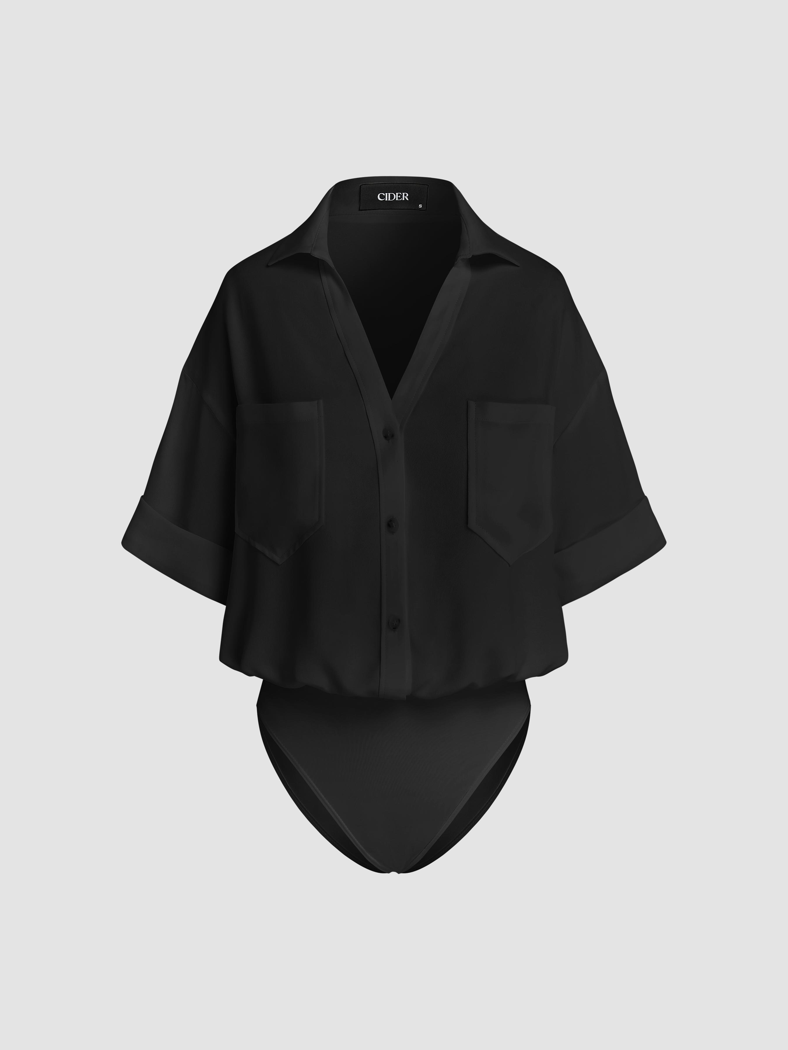 Collar Solid Short Sleeve Shirt Bodysuit by CIDER