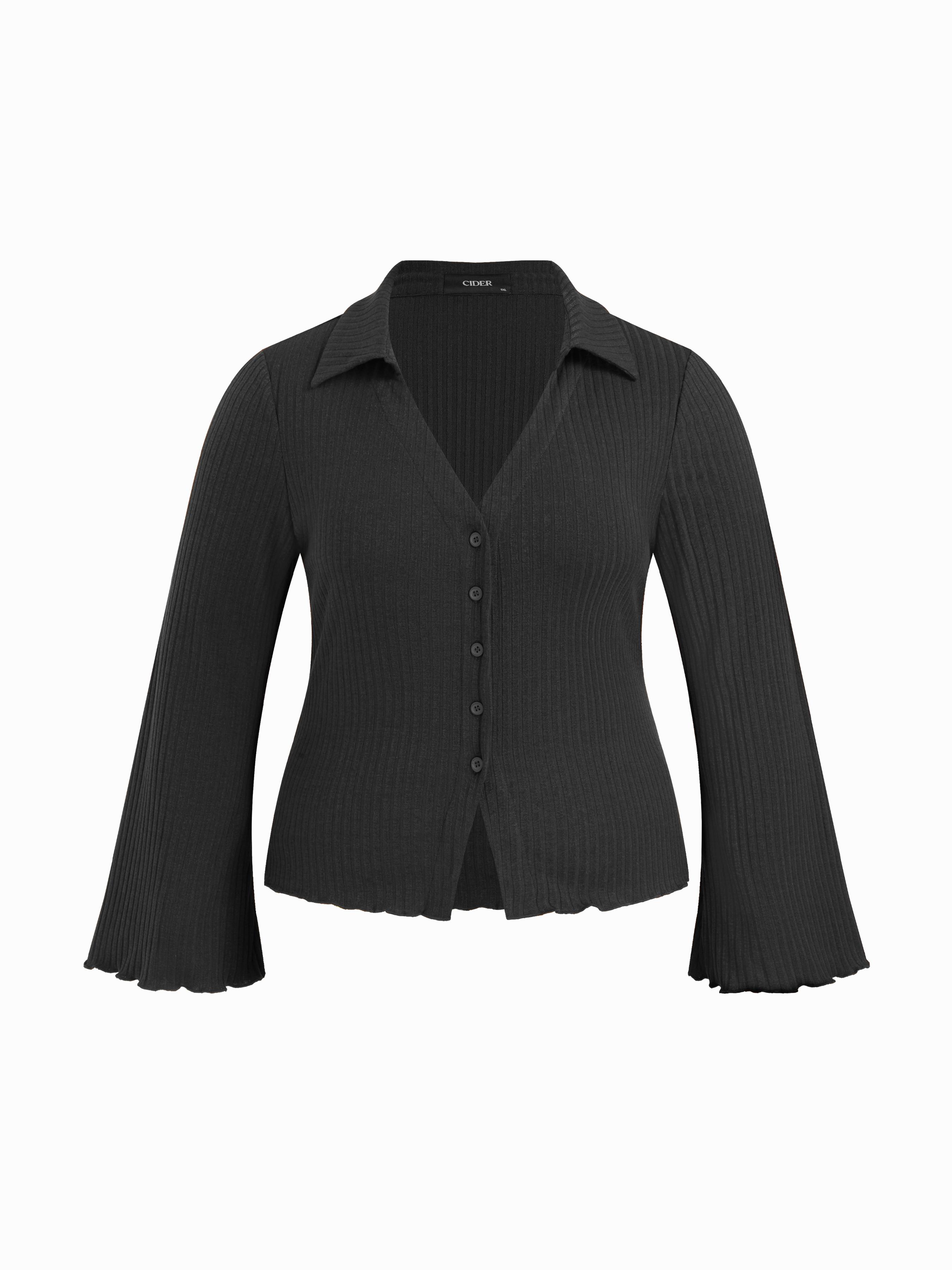 Collar Split Lettuce Trim Long Sleeve Top Curve & Plus by CIDER