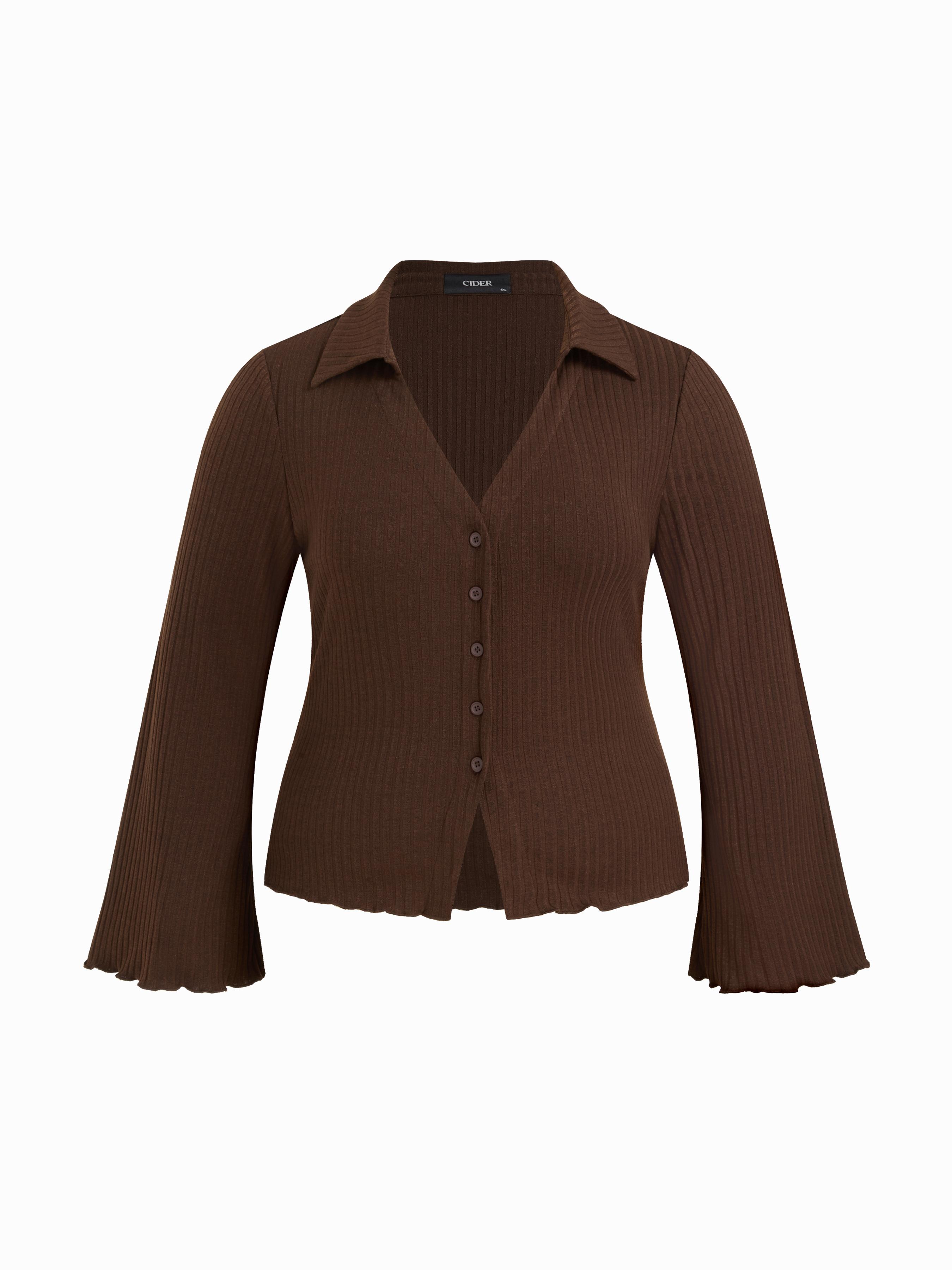 Collar Split Lettuce Trim Long Sleeve Top Curve & Plus by CIDER