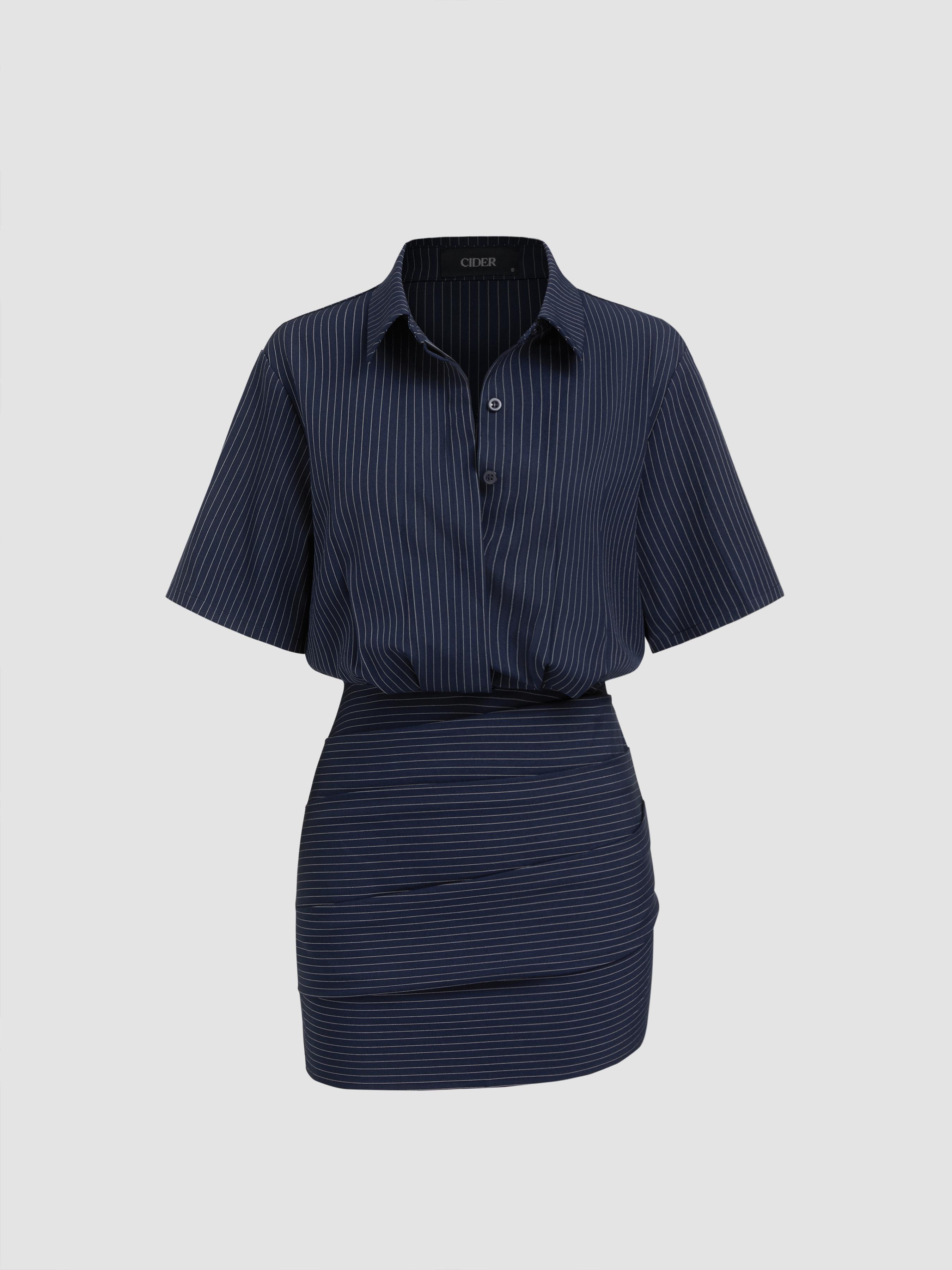 Collar Stripe Button Ruched Mini Shirt Dress by CIDER