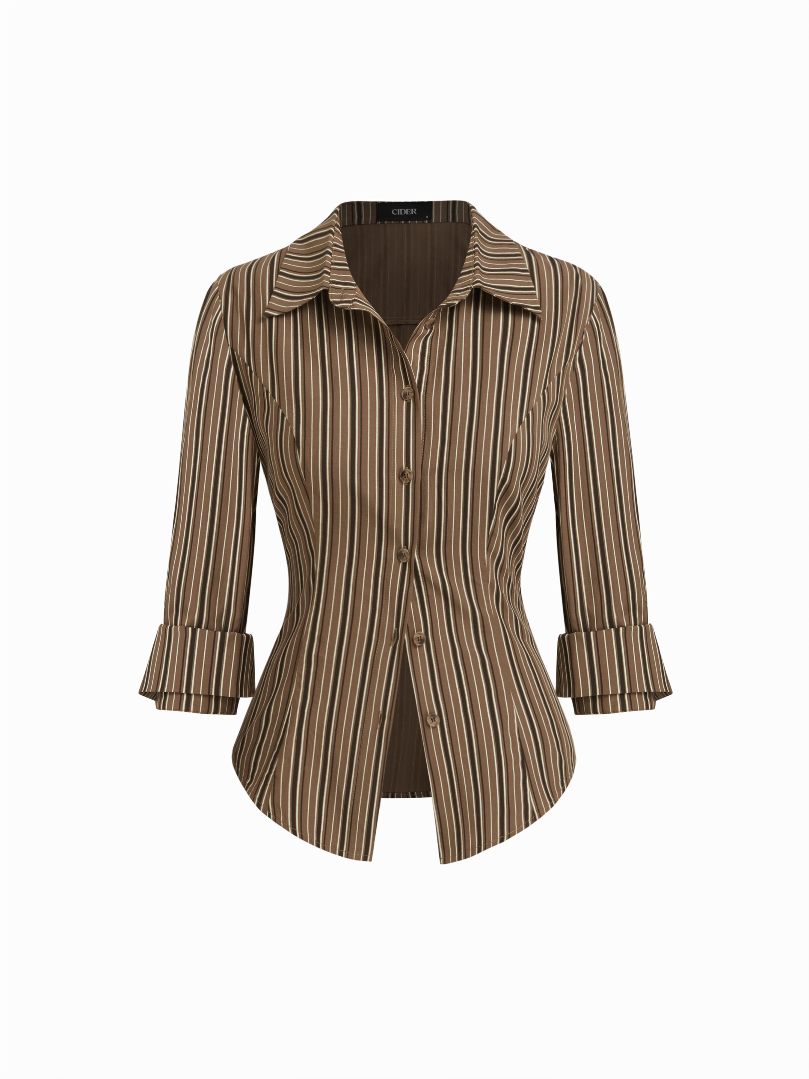 Collar Stripe Curved Hem Roll up Long Sleeve Blouse by CIDER