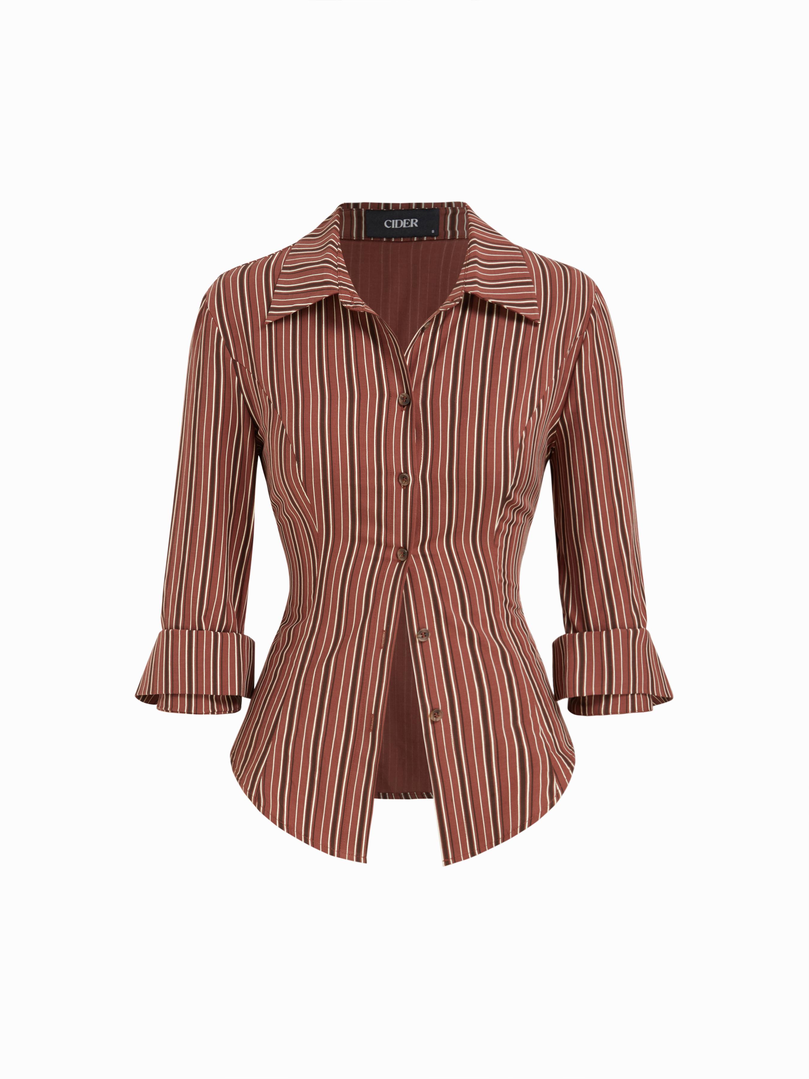 Collar Stripe Curved Hem Roll up Long Sleeve Blouse by CIDER