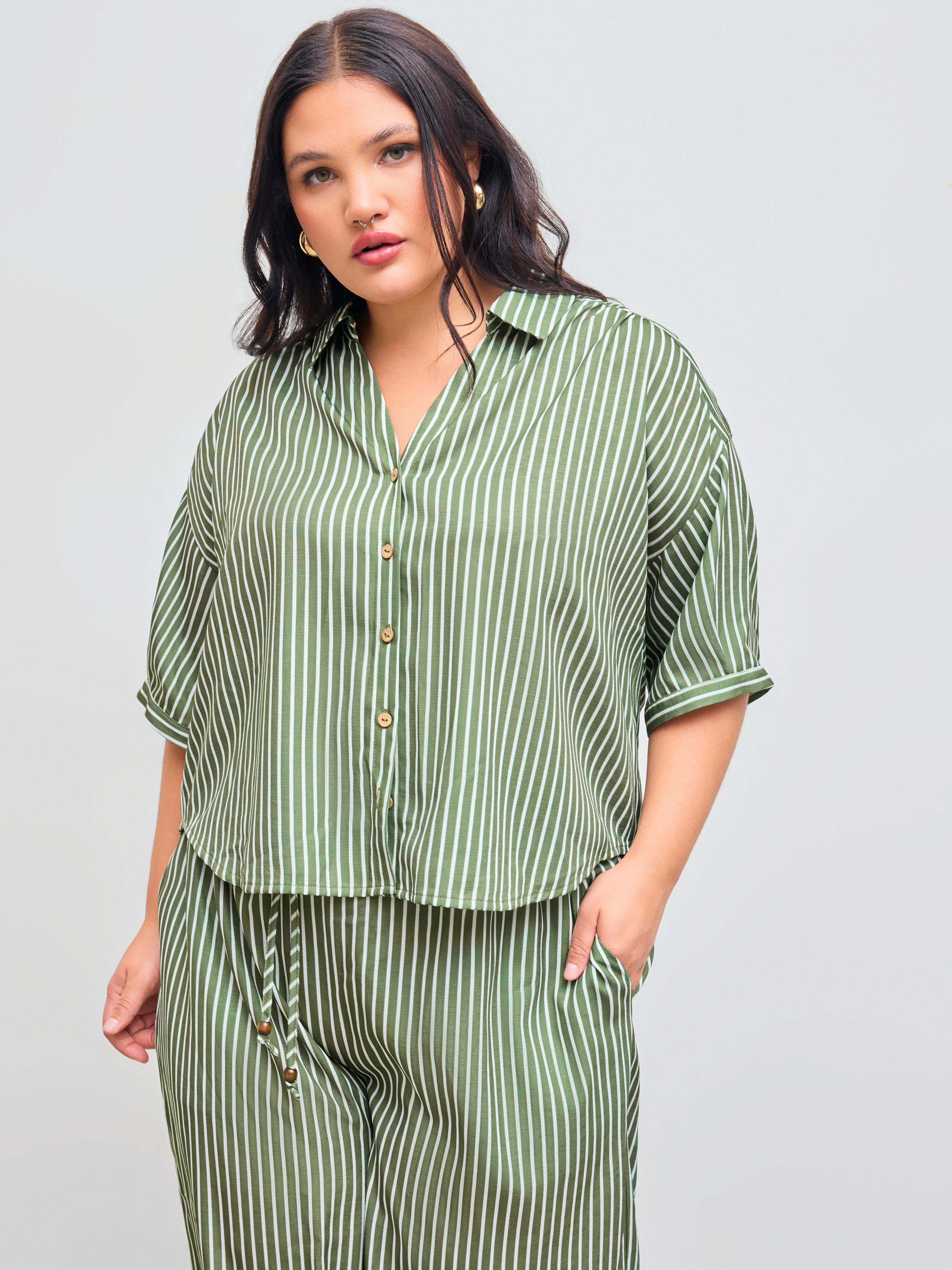 Collar Striped Button Short Sleeve Shirt Curve & Plus by CIDER