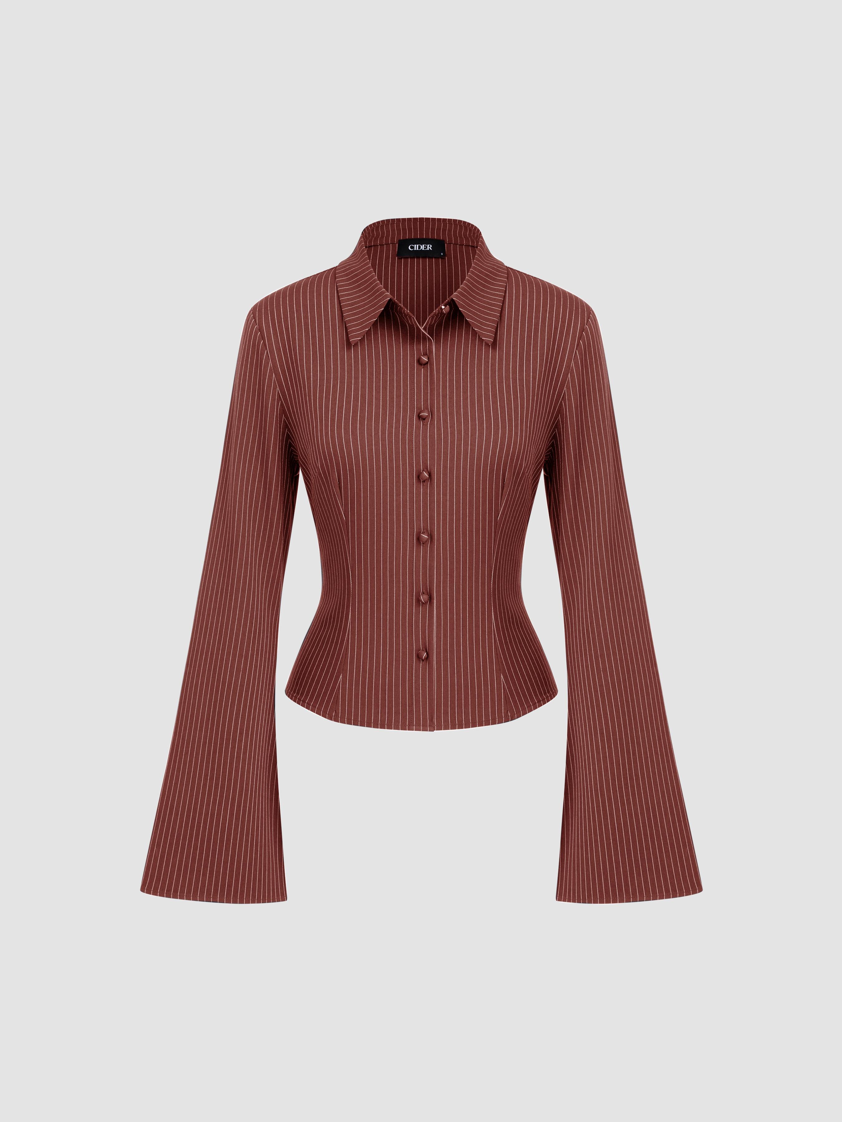 Collar Striped Cinched Waist Bell Sleeve Shirt by CIDER
