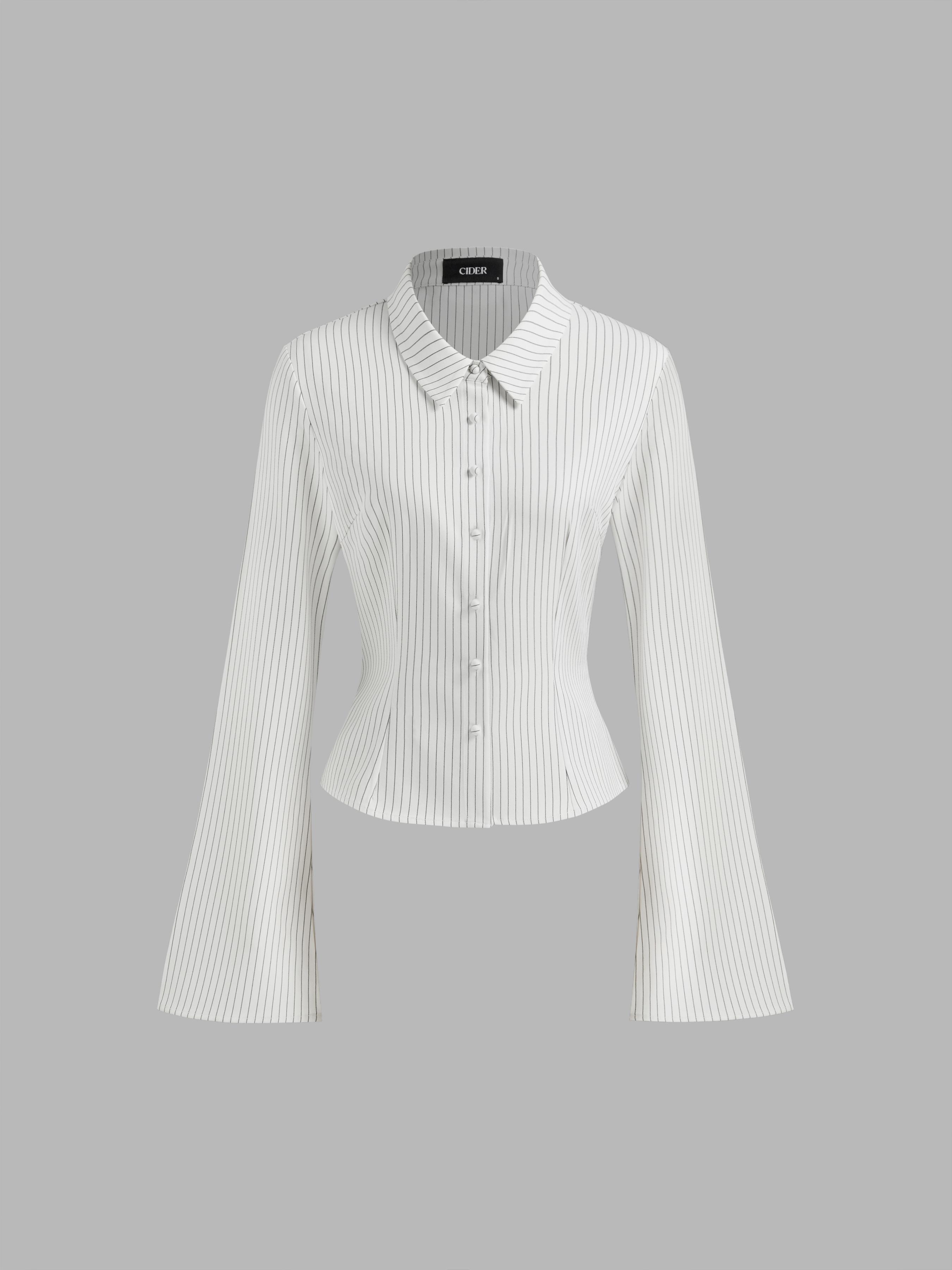 Collar Striped Cinched Waist Bell Sleeve Shirt by CIDER