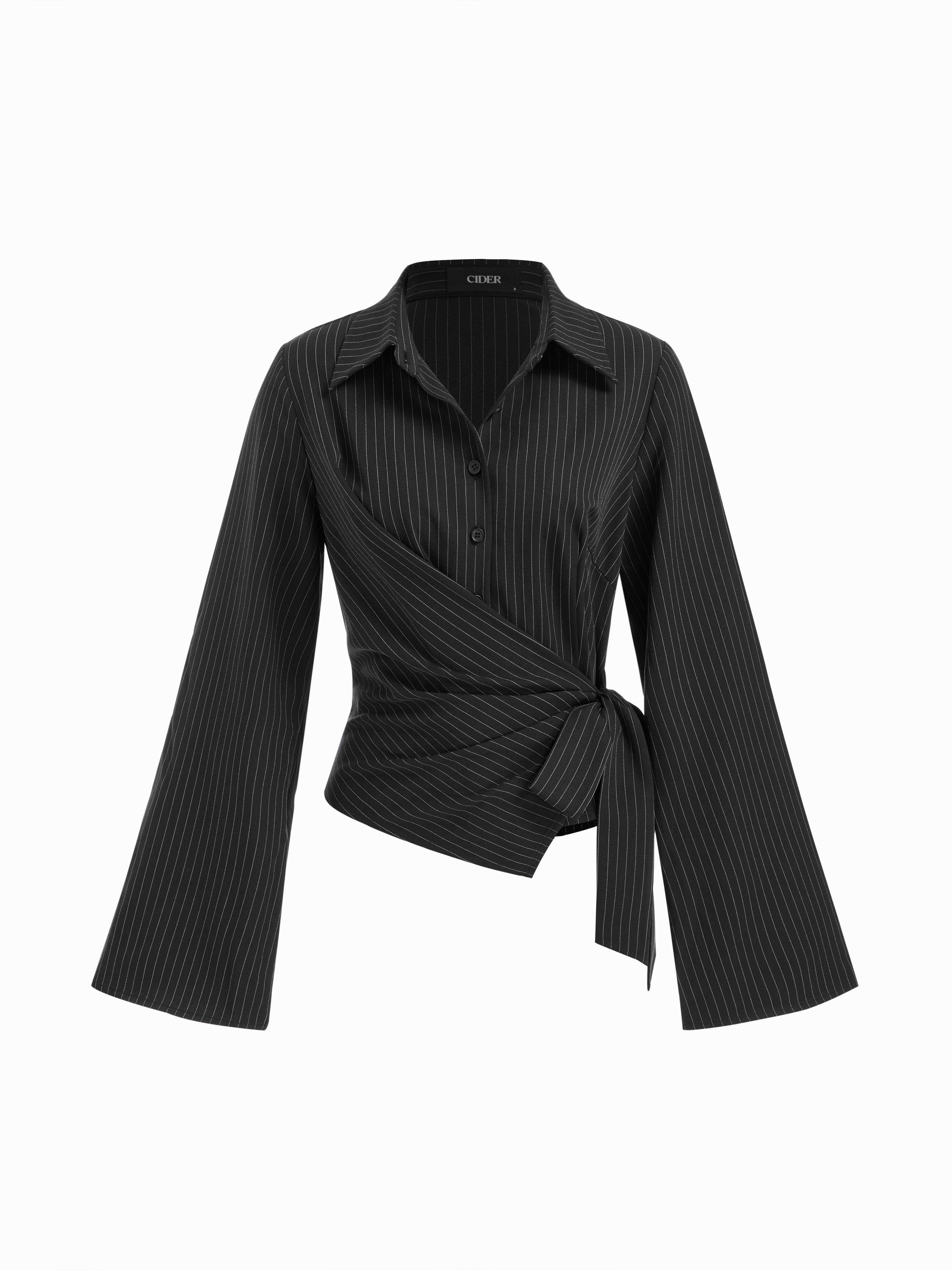 Collar Striped Wrap Side Knotted Bell Sleeve Blouse by CIDER