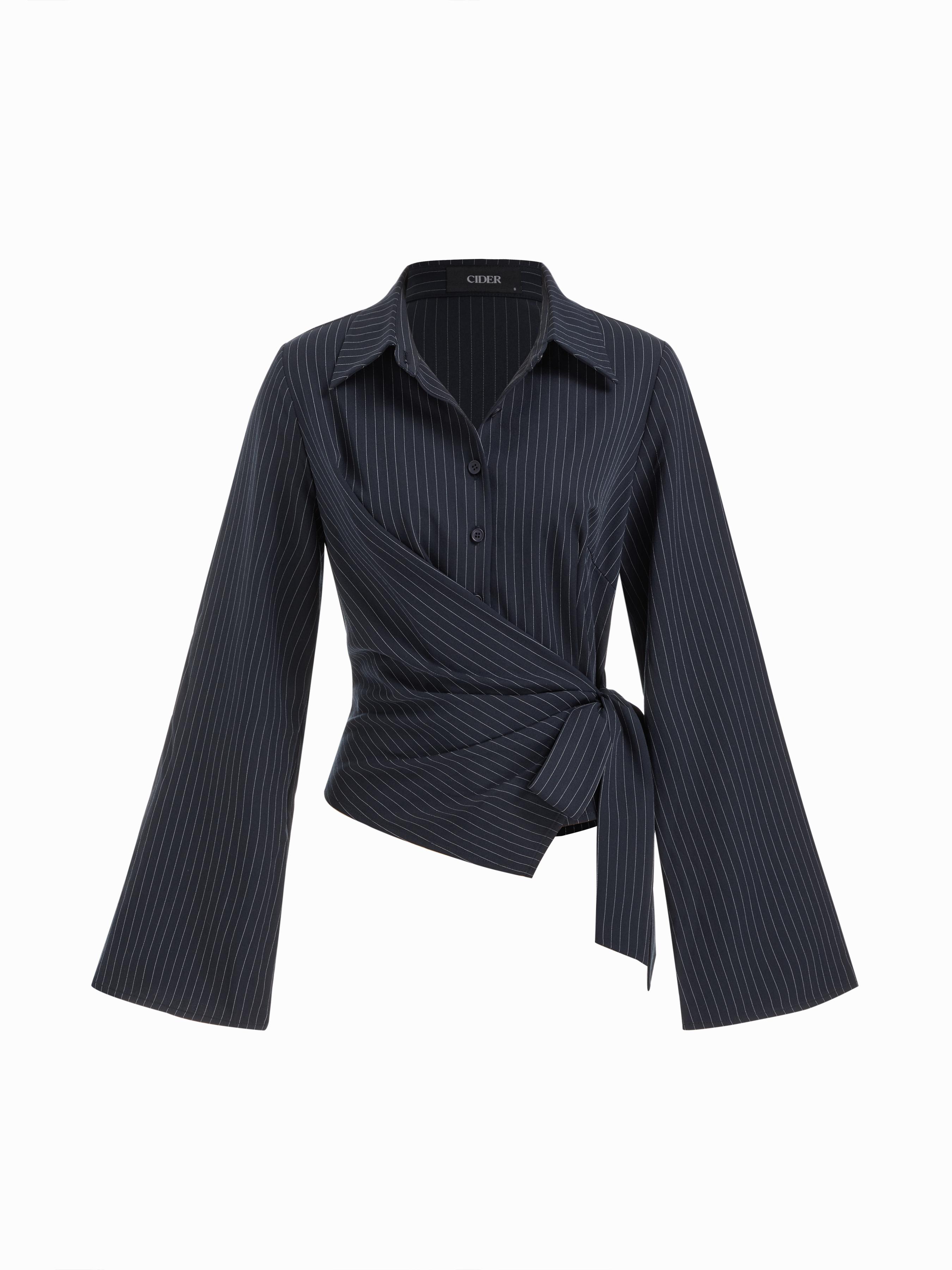 Collar Striped Wrap Side Knotted Bell Sleeve Blouse by CIDER