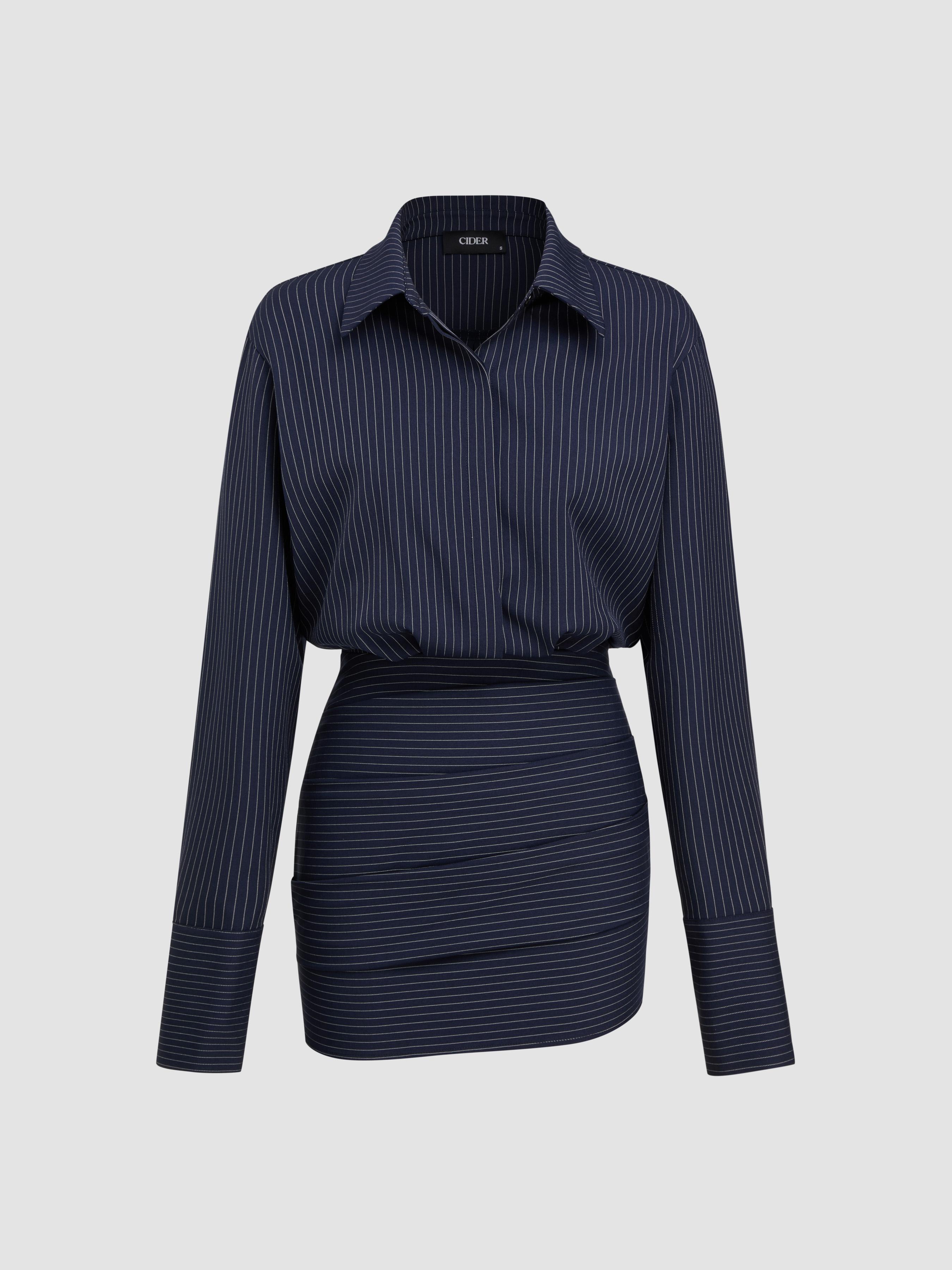 Collar Stripes Cinched Waist Mini Shirt Dress by CIDER