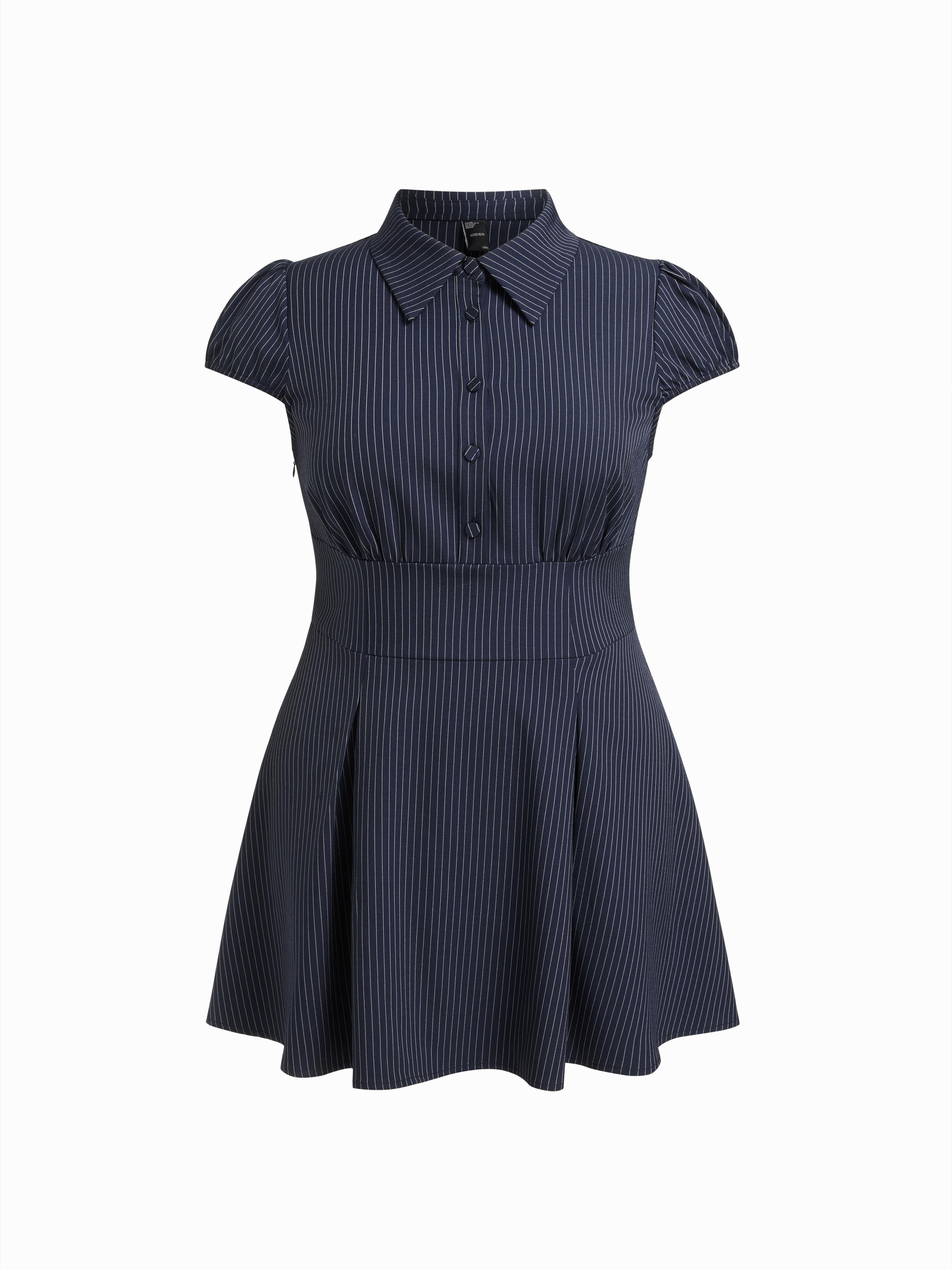 Collar Stripes Pleated Shirt Mini Dress Curve & Plus by CIDER
