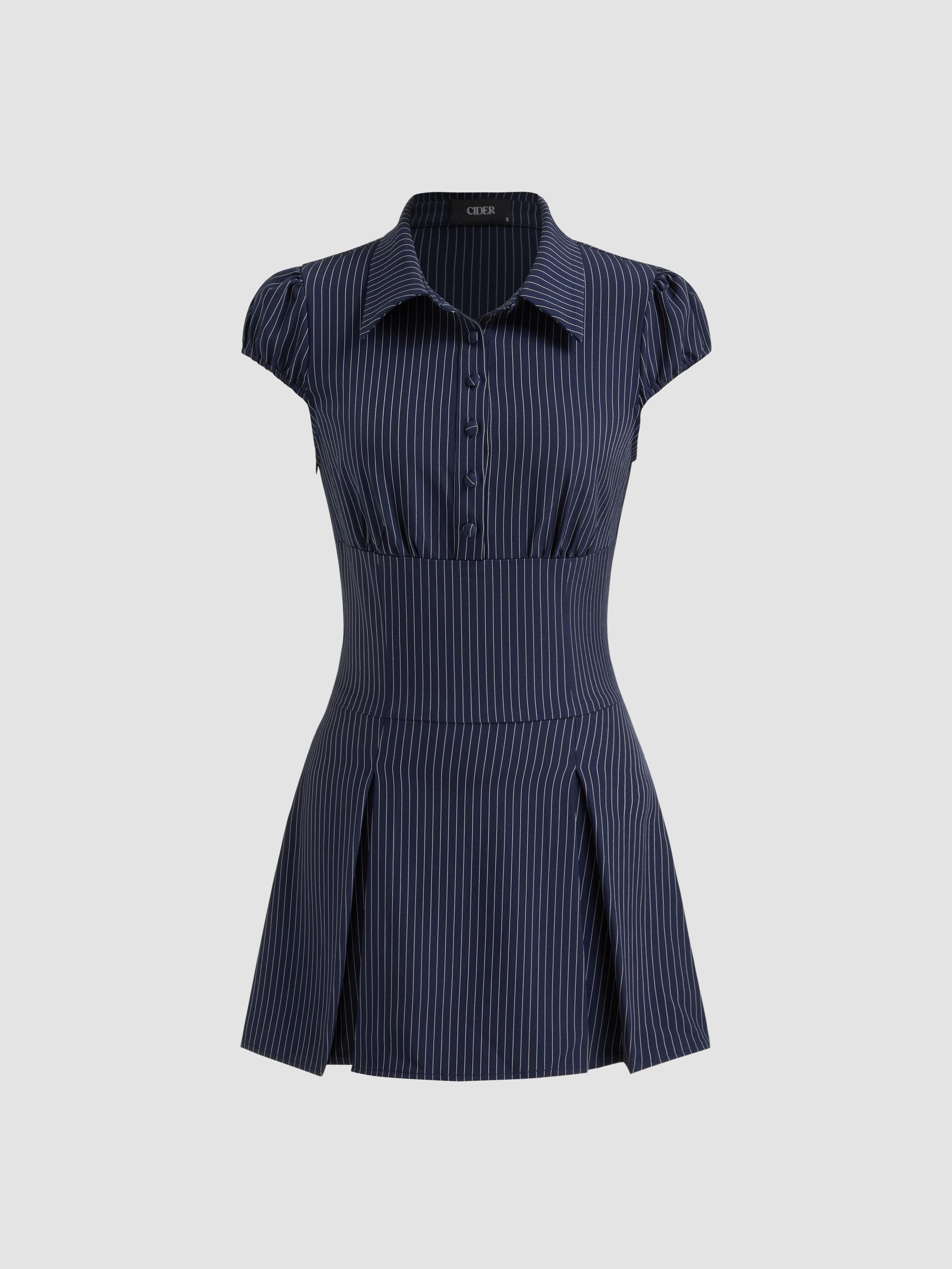 Collar Stripes Pleated Shirt Mini Dress by CIDER