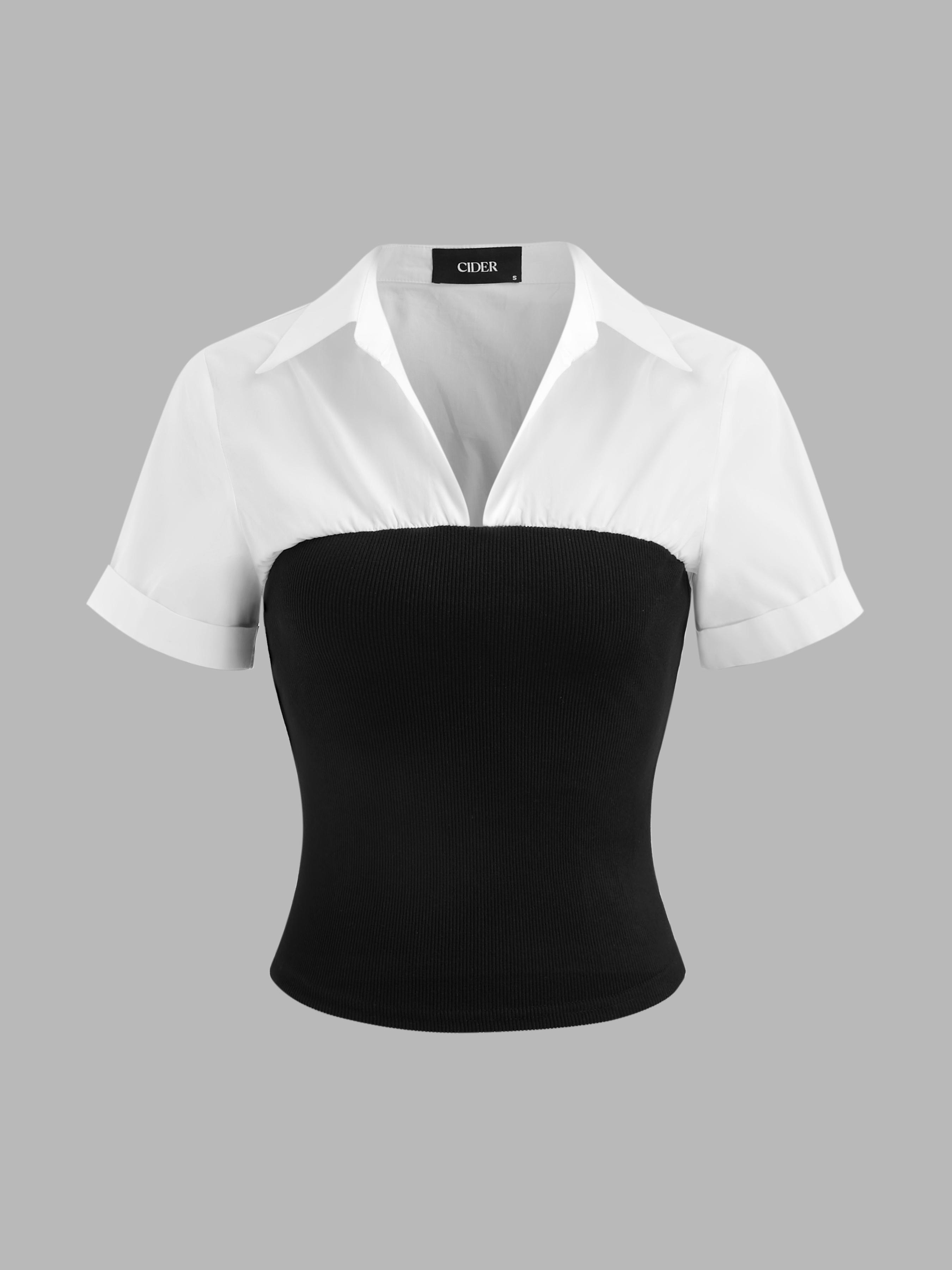 Collar Two Tone Patchy Short Sleeve Shirt by CIDER