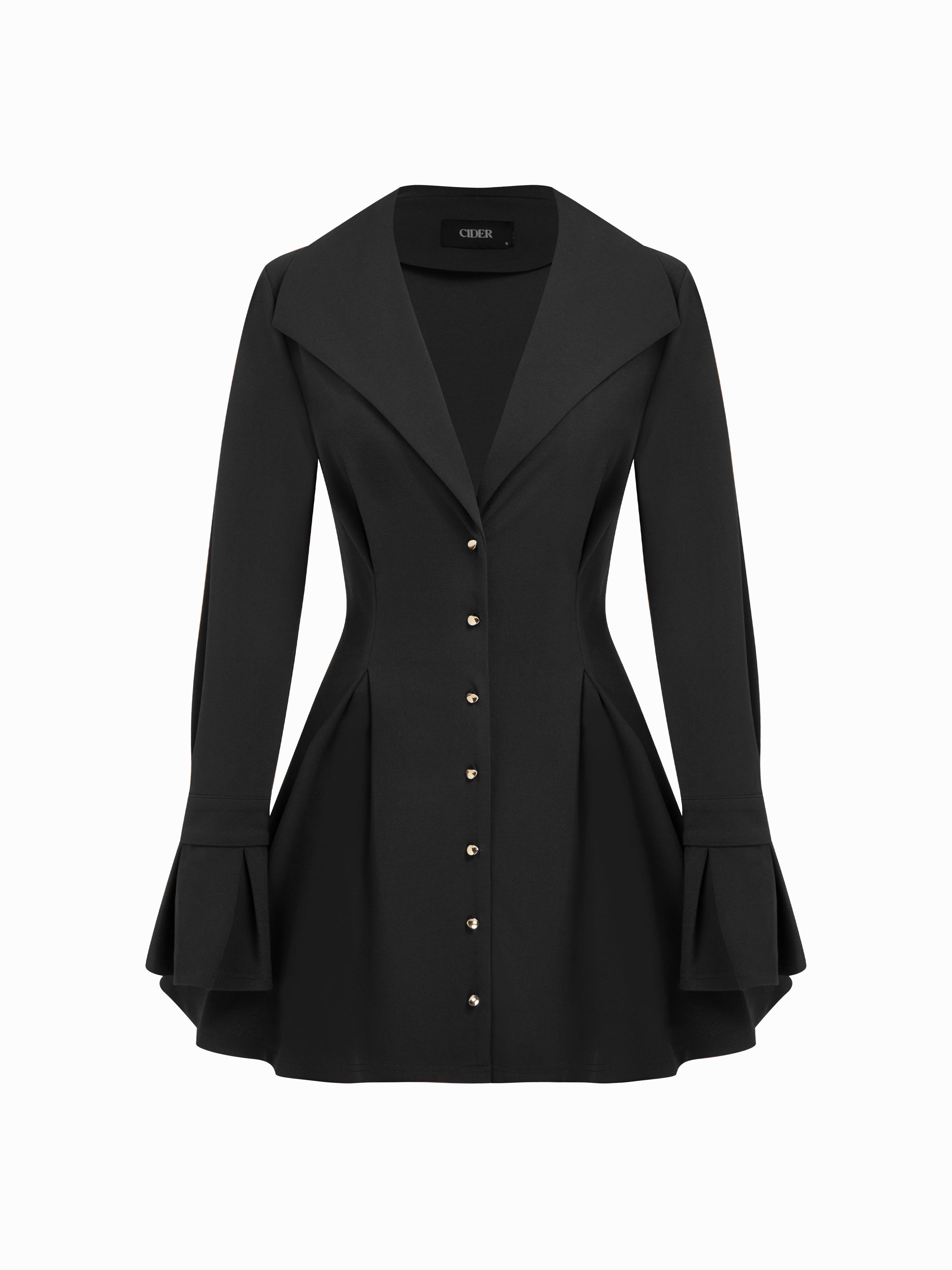 Collar V-neck Bell Sleeve Metal Button Ruffle Mini Dress by CIDER